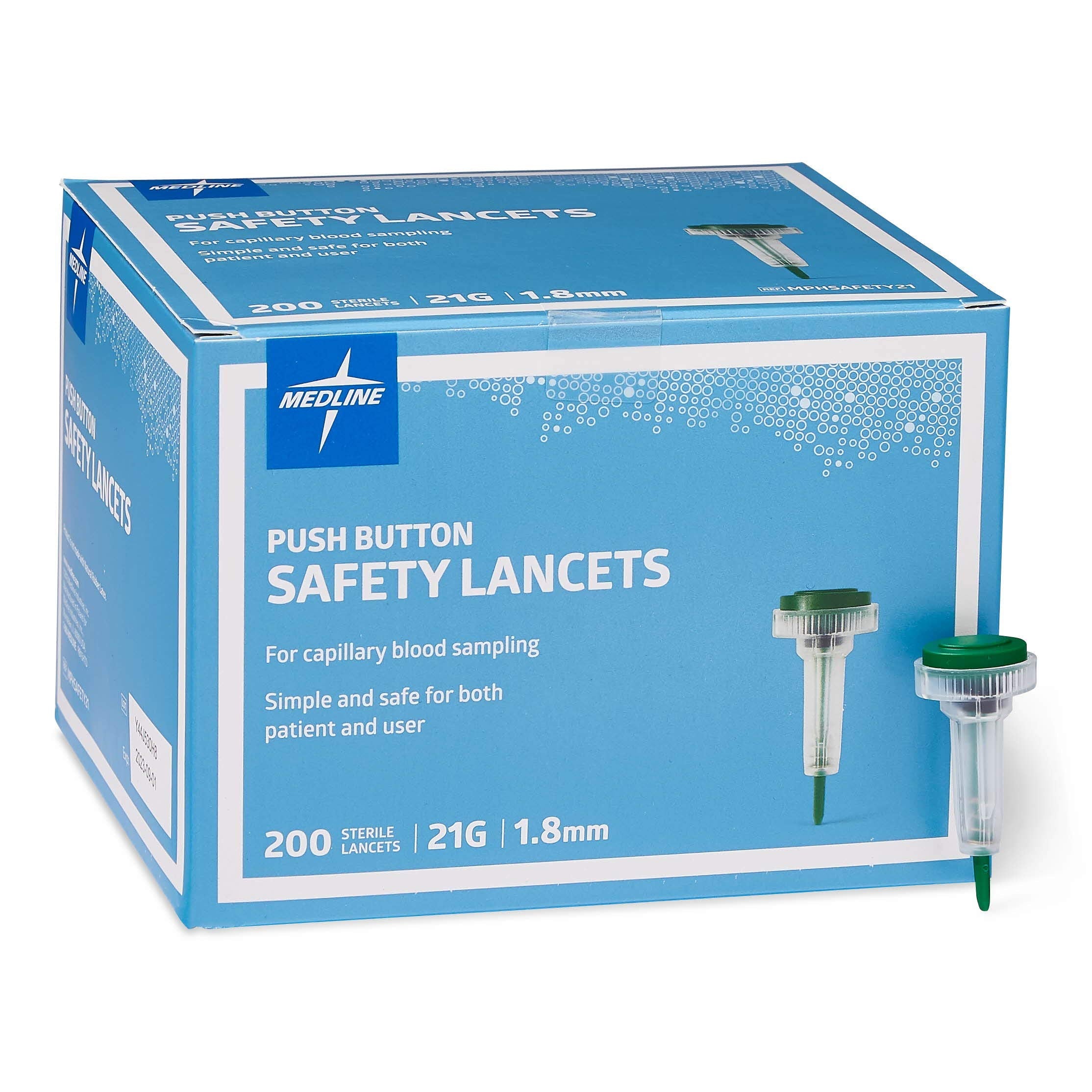 Medline Sterile Safety Lancets with Push-Button Activation, 21G x 1.8 mm – Box of 200
