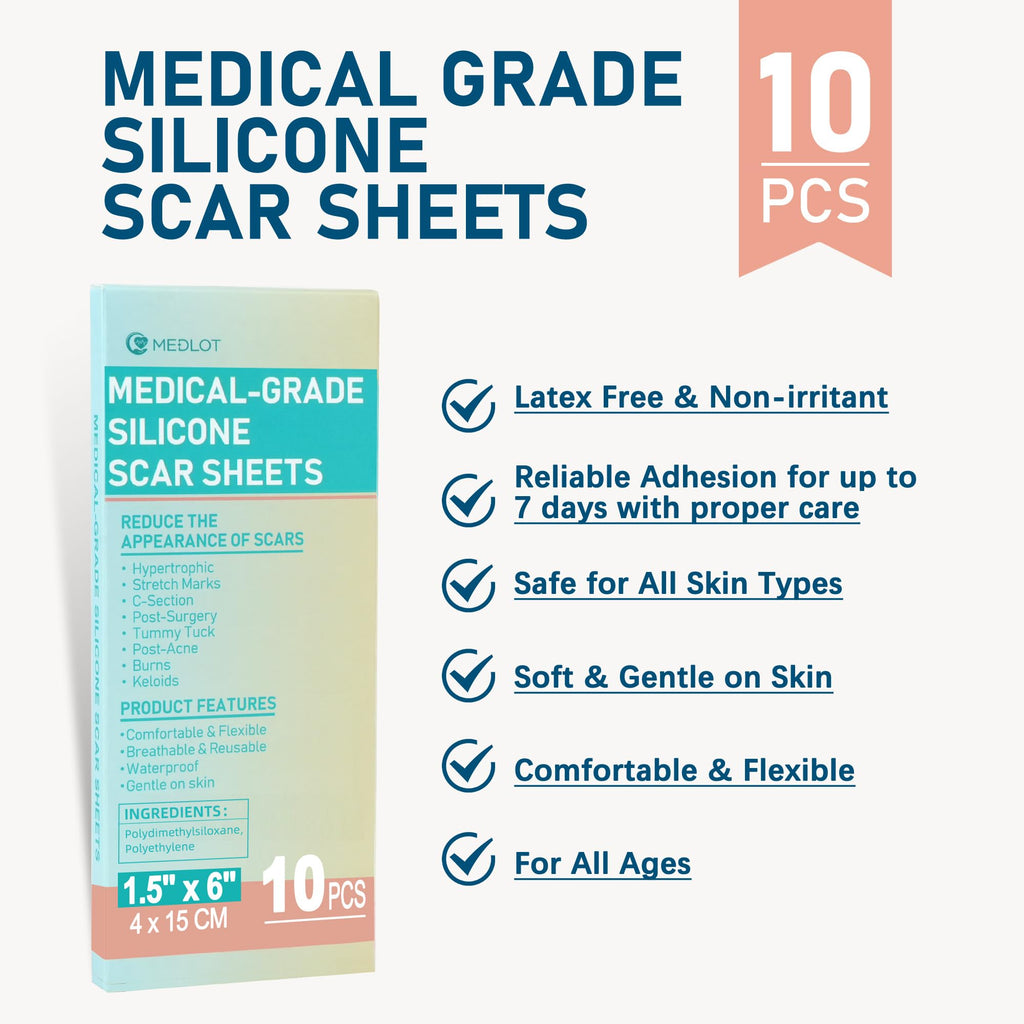 MEDLOT Silicone Scar Sheets – 10pcs Reusable Scar Treatment Strips for Surgical, C-Section, Acne Scars | Breathable & Cut-to-Size