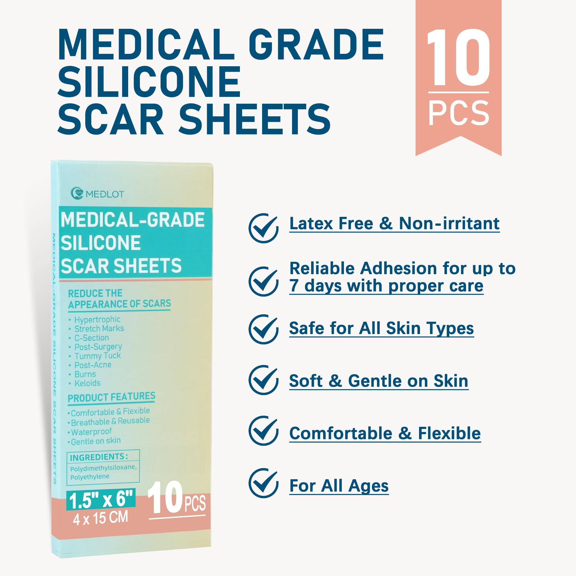 MEDLOT Silicone Scar Sheets – 10pcs Reusable Scar Treatment Strips for Surgical, C-Section, Acne Scars | Breathable & Cut-to-Size