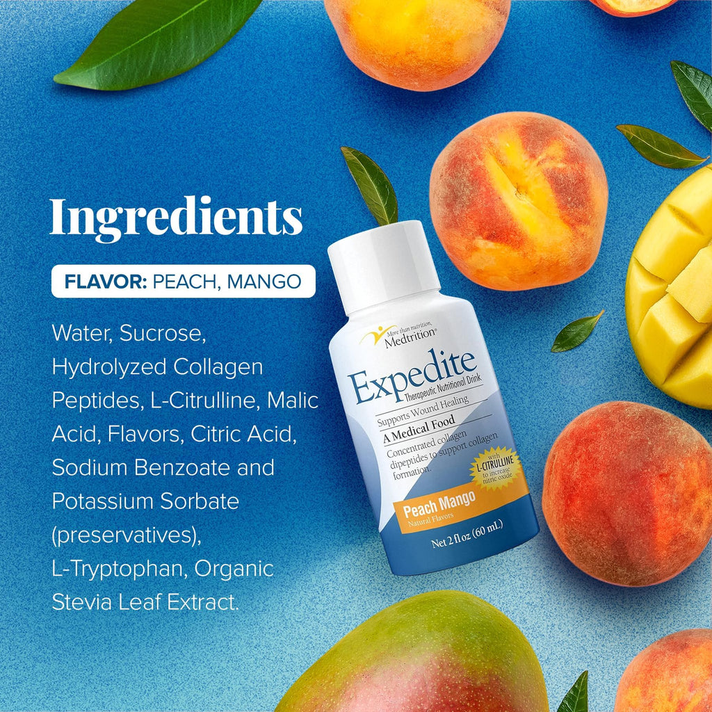 Medtrition Expedite Liquid Collagen Peach Mango 2oz – Pack of 24 for Post-Surgical Recovery