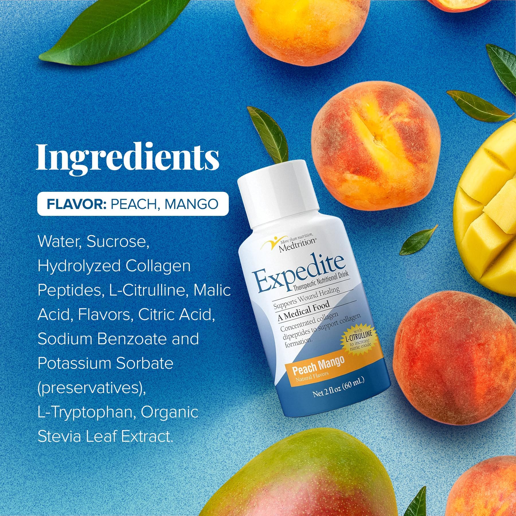 Medtrition Expedite Liquid Collagen Peach Mango 2oz – Pack of 24 for Post-Surgical Recovery