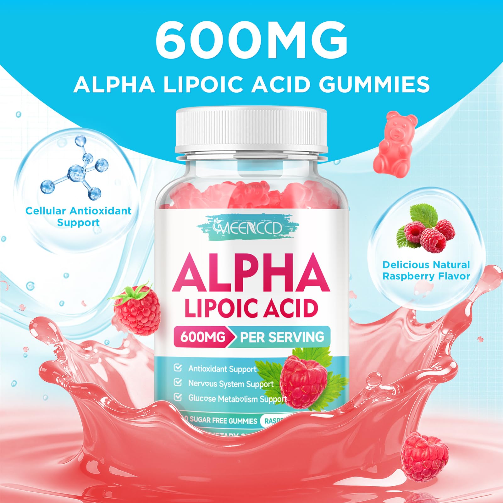 MEENCCD Alpha Lipoic Acid Gummies 600mg | High-Absorption ALA for Nerve & Brain Health, Vegan & Sugar-Free Raspberry