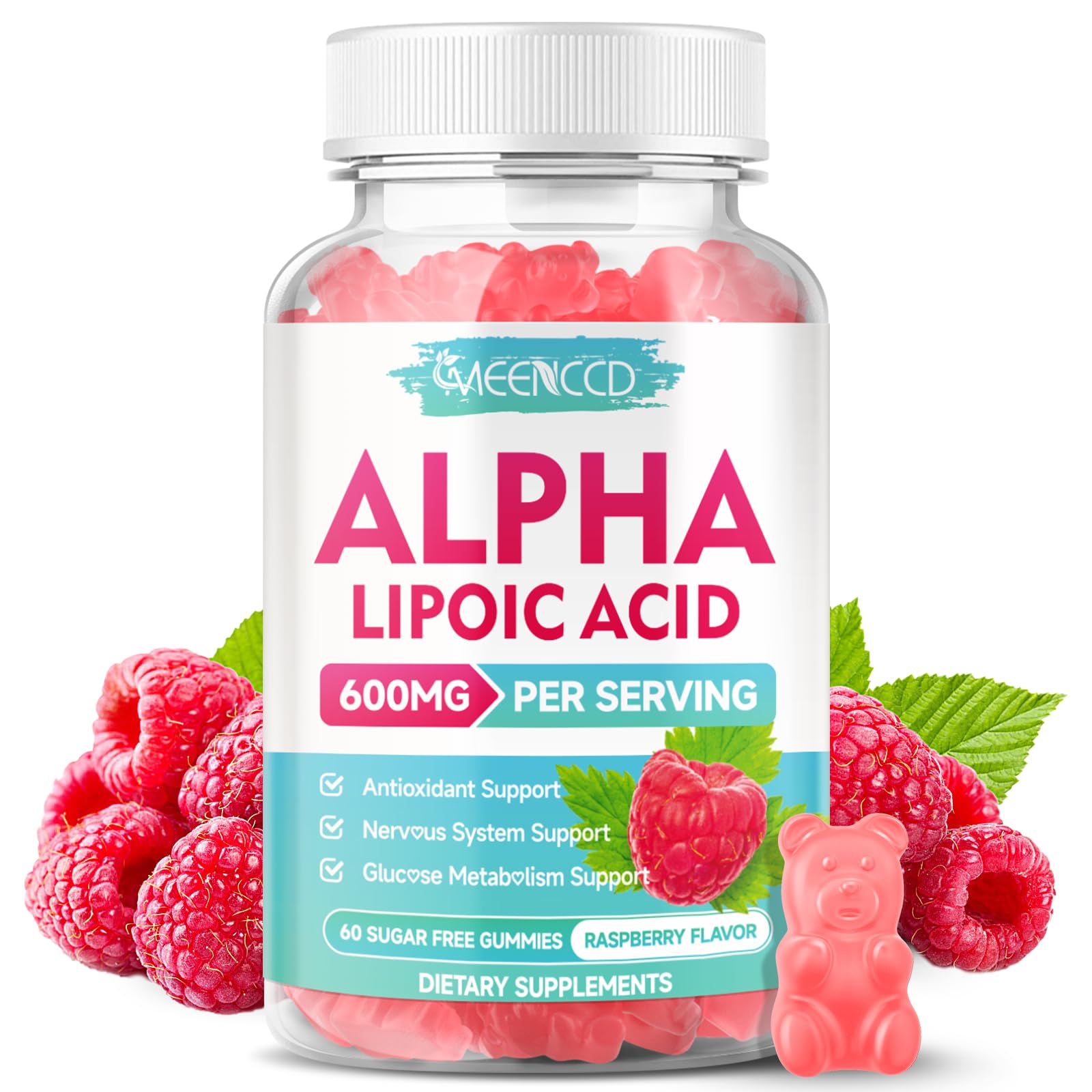 MEENCCD Alpha Lipoic Acid Gummies 600mg | High-Absorption ALA for Nerve & Brain Health, Vegan & Sugar-Free Raspberry
