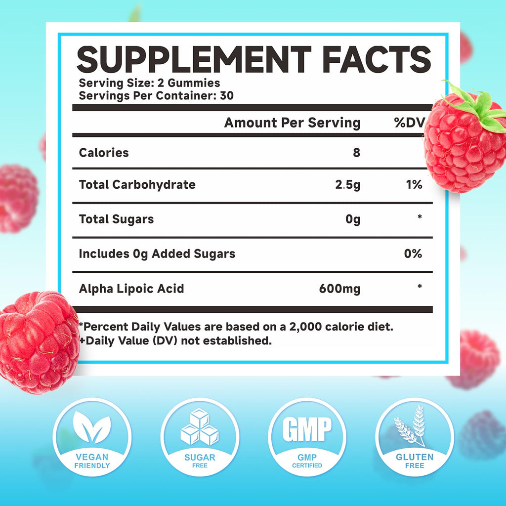 MEENCCD Alpha Lipoic Acid Gummies 600mg | High-Absorption ALA for Nerve & Brain Health, Vegan & Sugar-Free Raspberry