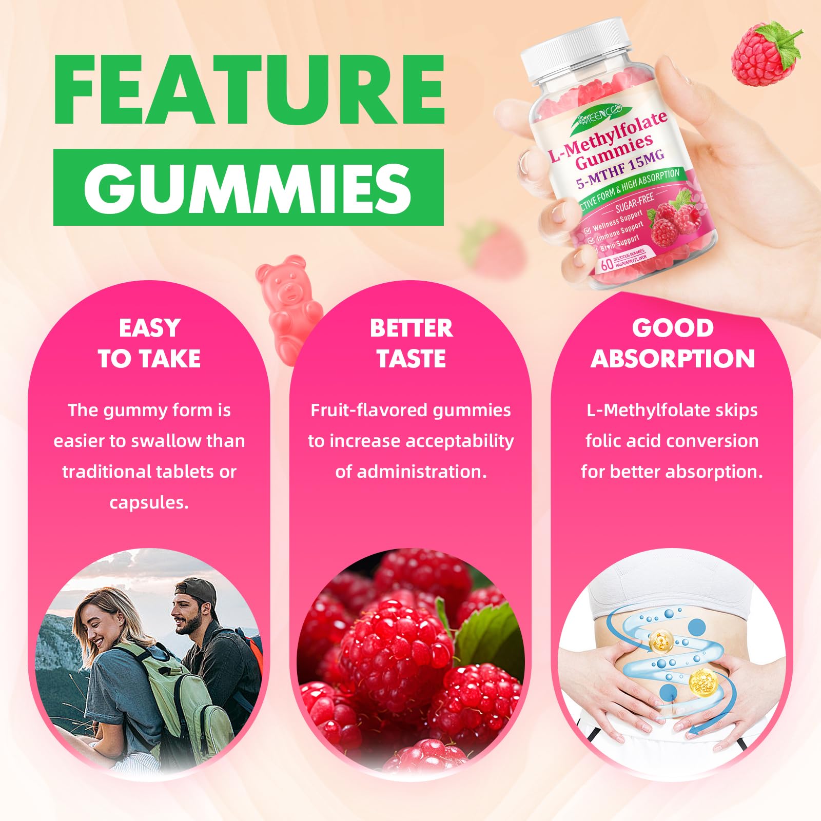 MEENCCD L-Methylfolate 15mg Gummies – 5-MTHF for Brain Health & Immunity (Vegan Raspberry, 60 Count)