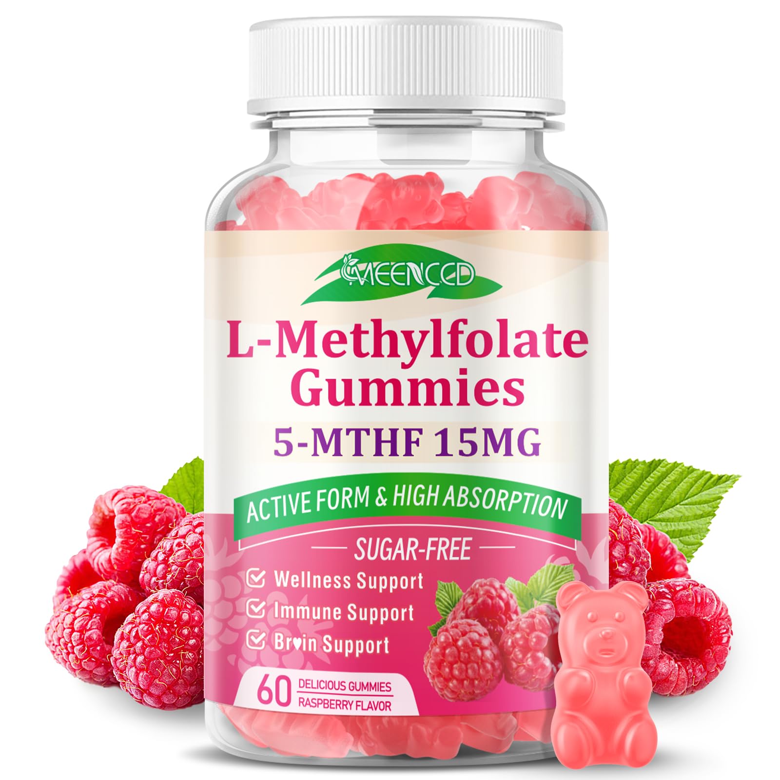 MEENCCD L-Methylfolate 15mg Gummies – 5-MTHF for Brain Health & Immunity (Vegan Raspberry, 60 Count)