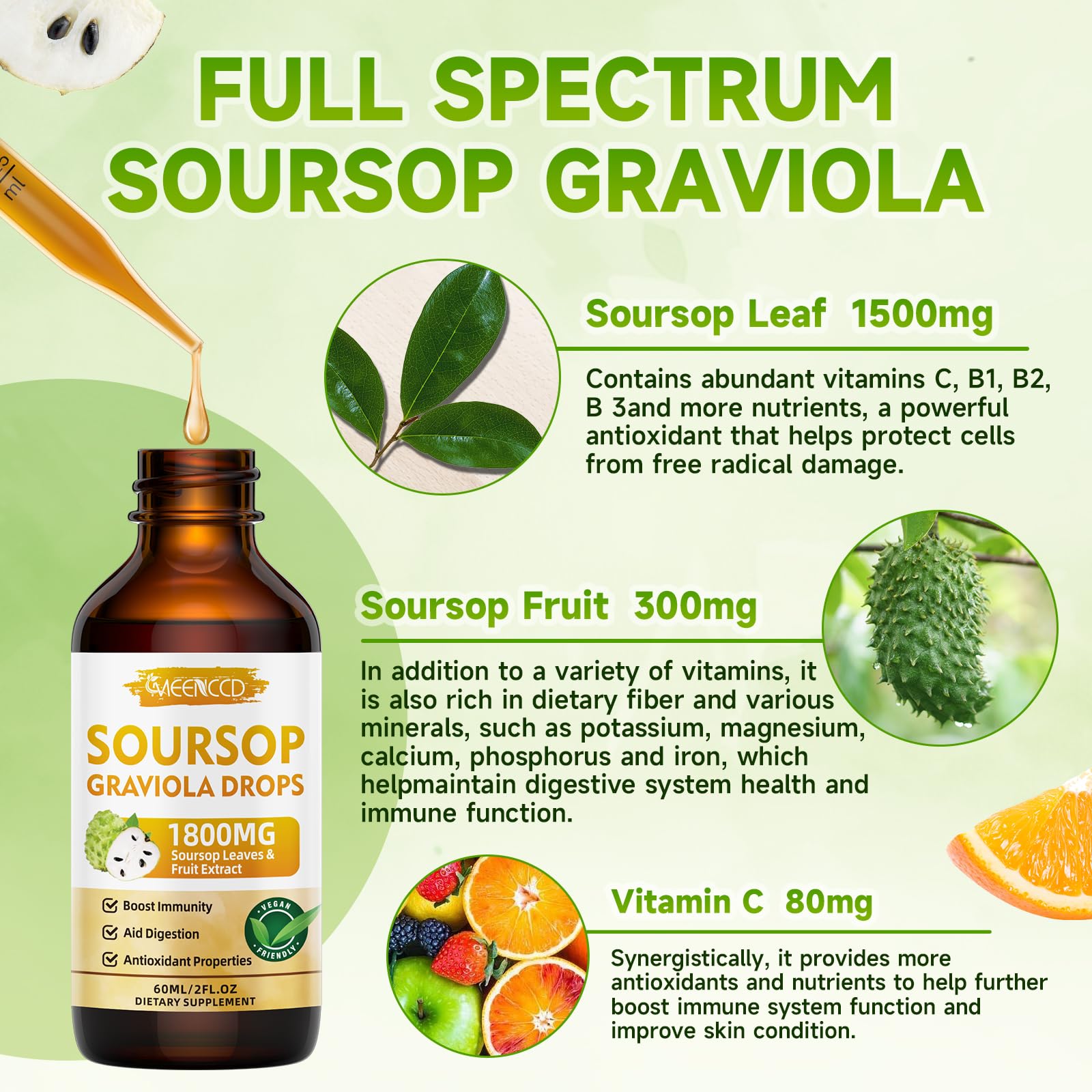 MEENCCD Soursop Graviola Liquid Drops 1800mg – Immune Support, Antioxidant, Orange Flavor, 2 fl oz