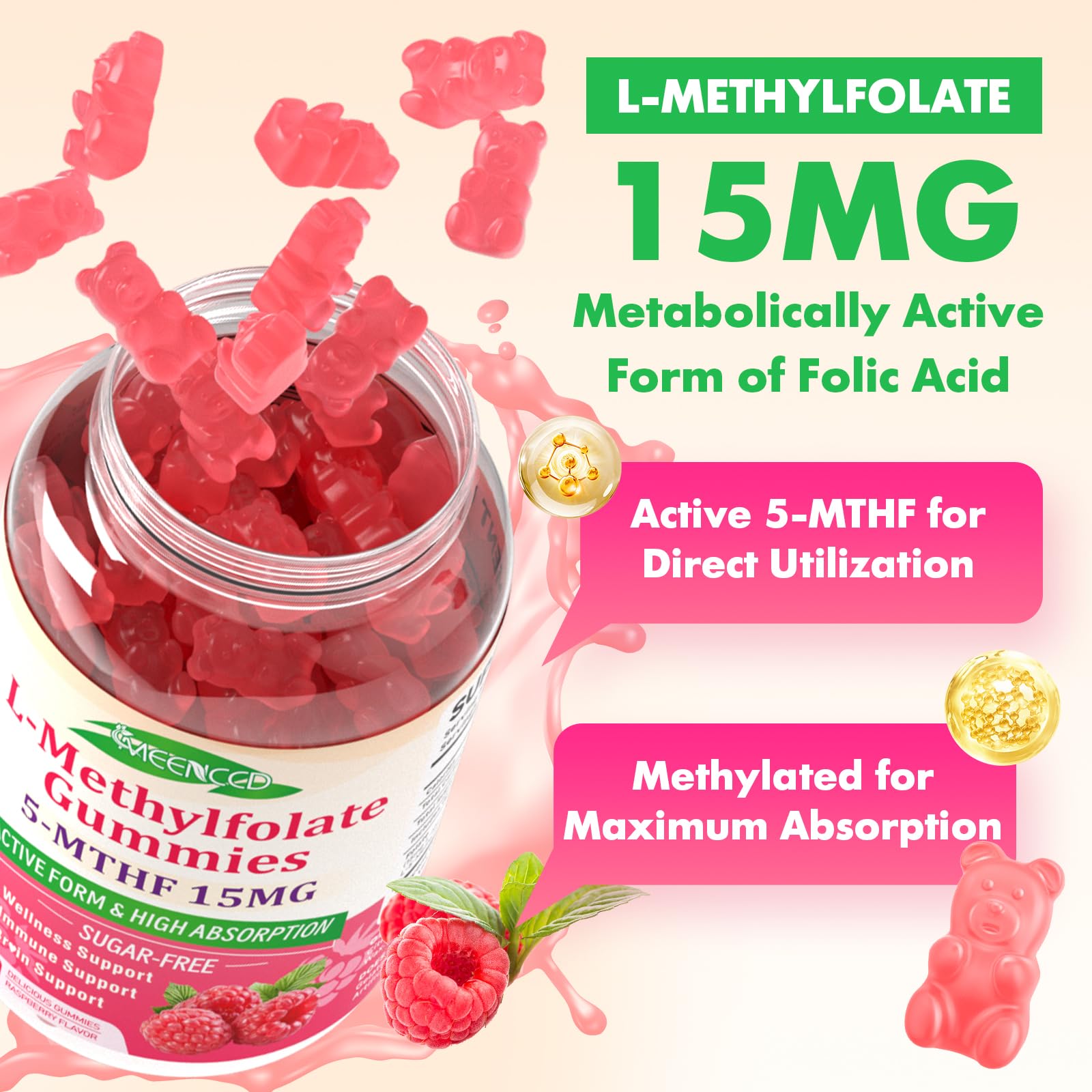 MEENCCD L-Methylfolate 15mg Gummies – 5-MTHF for Brain Health & Immunity (Vegan Raspberry, 60 Count)