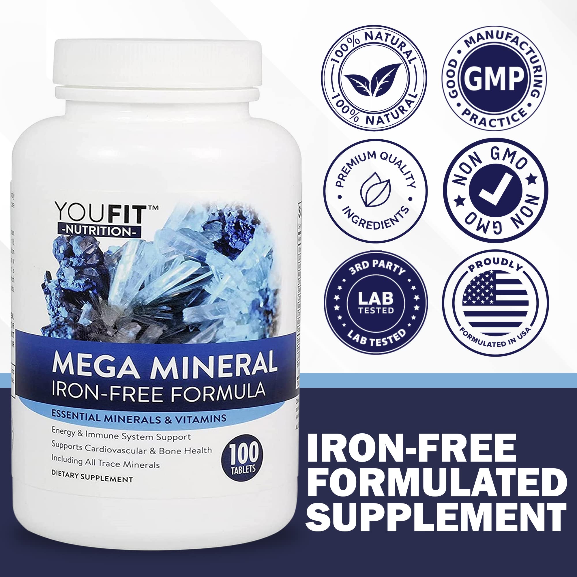 Mega Minerals Supplement by Youfit Nutrition - 72 Trace Minerals, Iron Free
