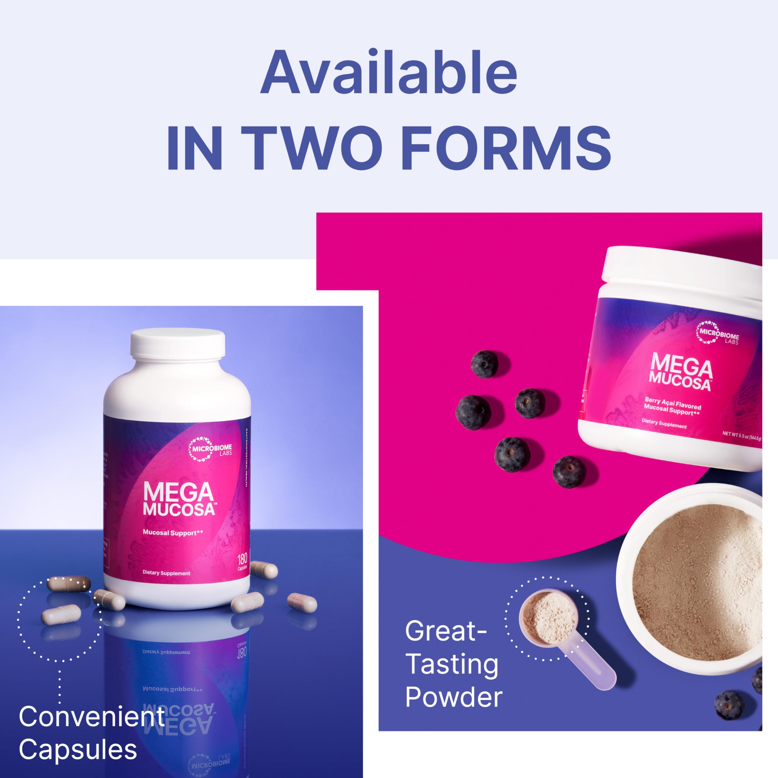 Microbiome Labs MegaMucosa Gut Health Powder – Complete Mucosal Support (Berry Acai, 5.5 oz) | Dairy-Free Immunoglobulins