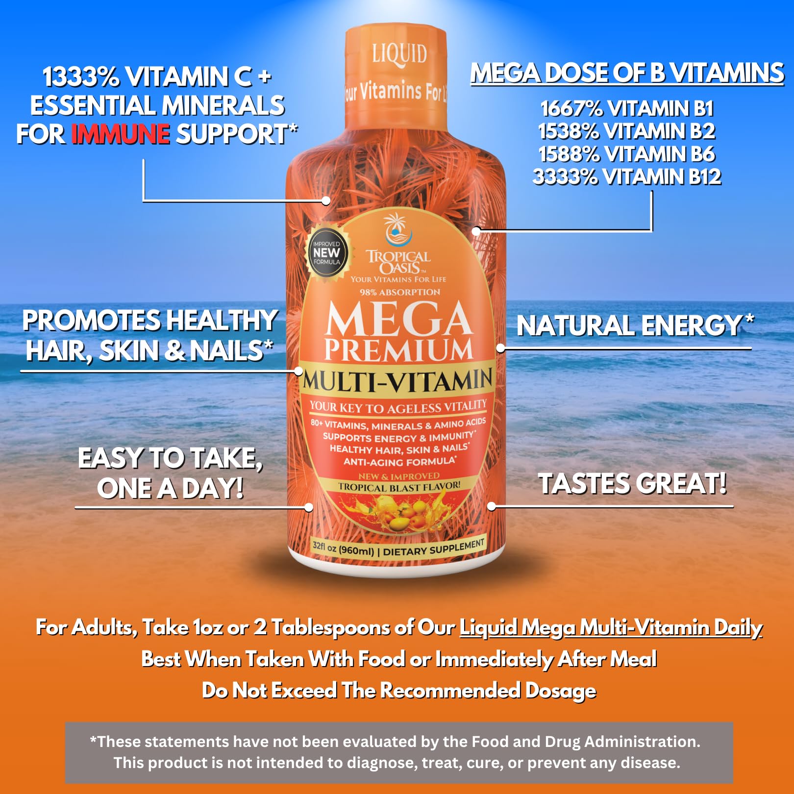 Tropical Oasis Mega Premium Liquid Multivitamin – 1333% Vitamin C, 200% Vitamin D3, Zinc | 32 Servings | Sugar Free | Orange