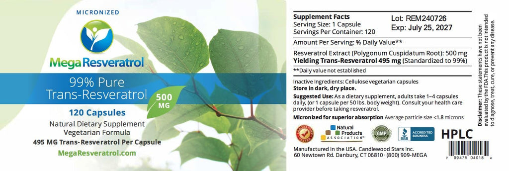 Mega Resveratrol – Pharmaceutical Grade 99% Pure, Micronized Trans-Resveratrol, 500mg Capsule, 120 Veggie Caps