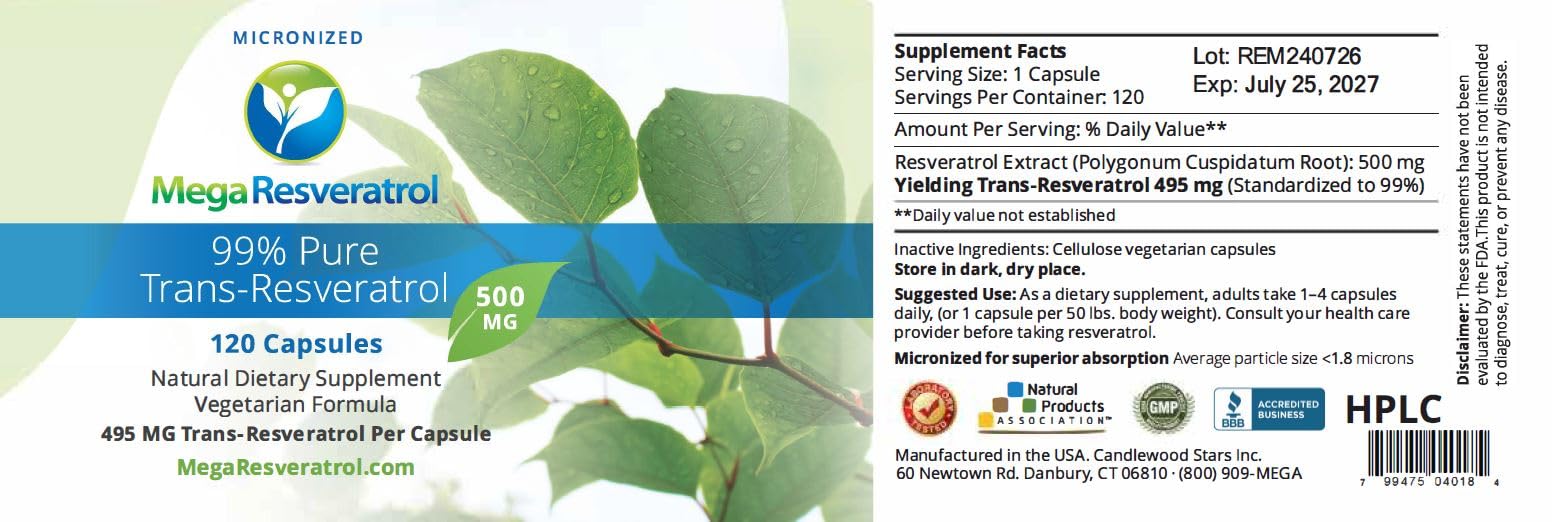 Mega Resveratrol – Pharmaceutical Grade 99% Pure, Micronized Trans-Resveratrol, 500mg Capsule, 120 Veggie Caps