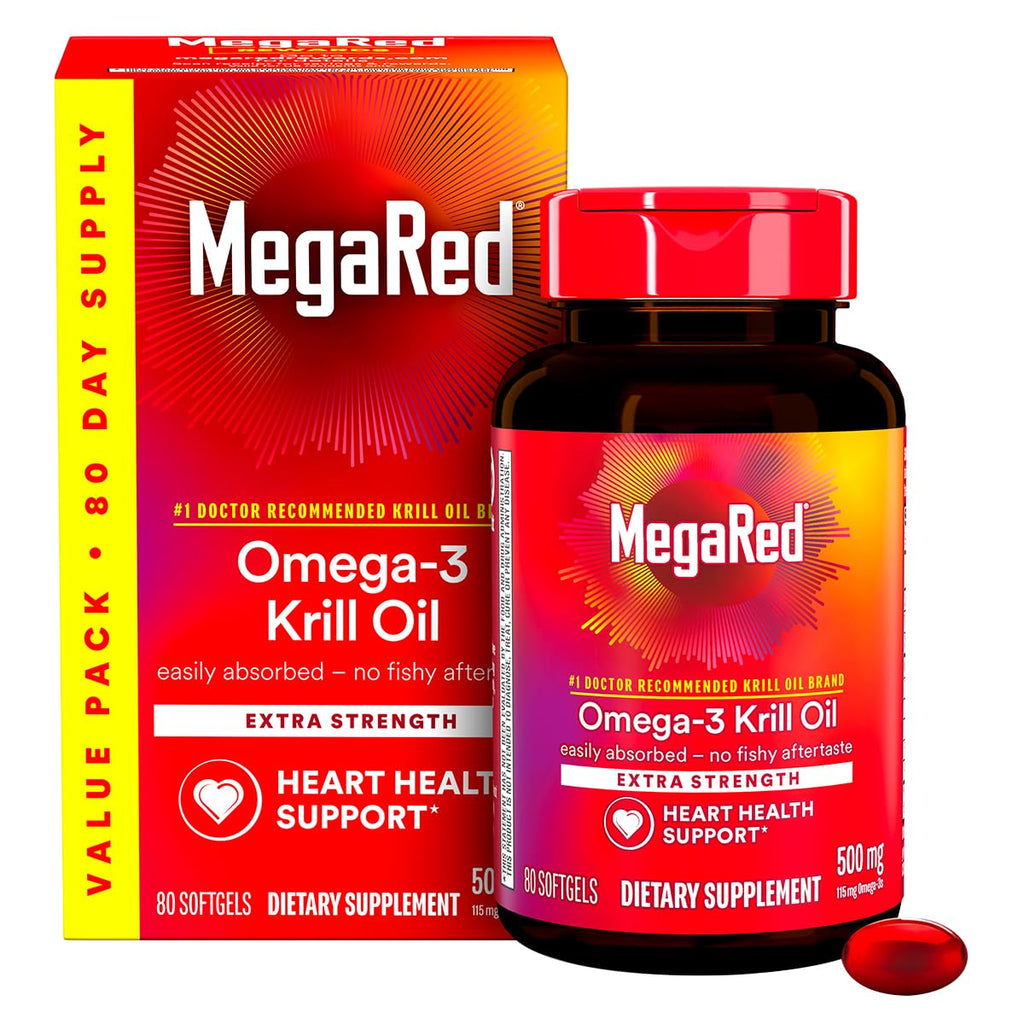 MegaRed Extra Strength Krill Oil 500mg - EPA/DHA, No Fishy Aftertaste | Heart Health, 80 Softgels (2 Pack)