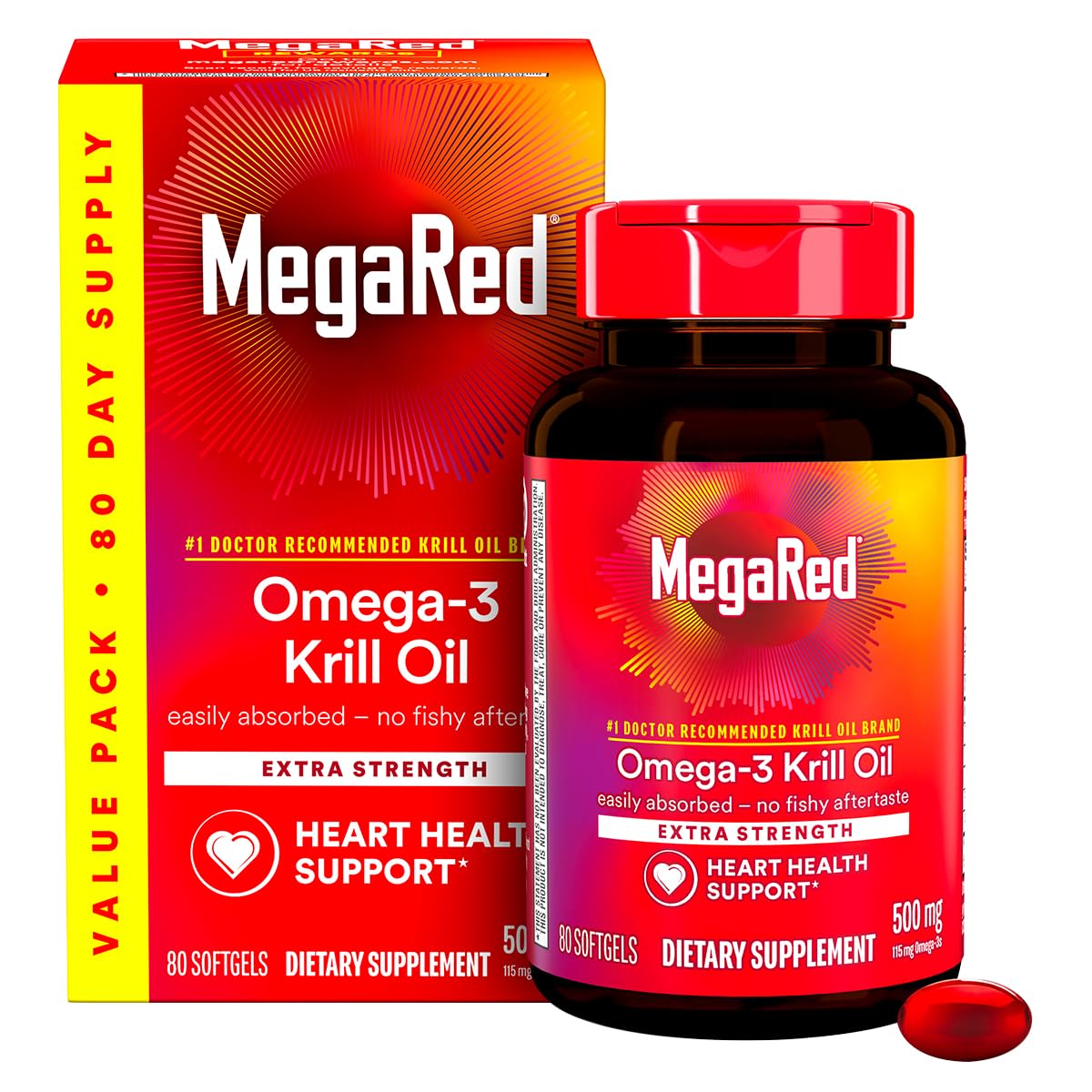 MegaRed Extra Strength Krill Oil 500mg - EPA/DHA, No Fishy Aftertaste | Heart Health, 80 Softgels (2 Pack)