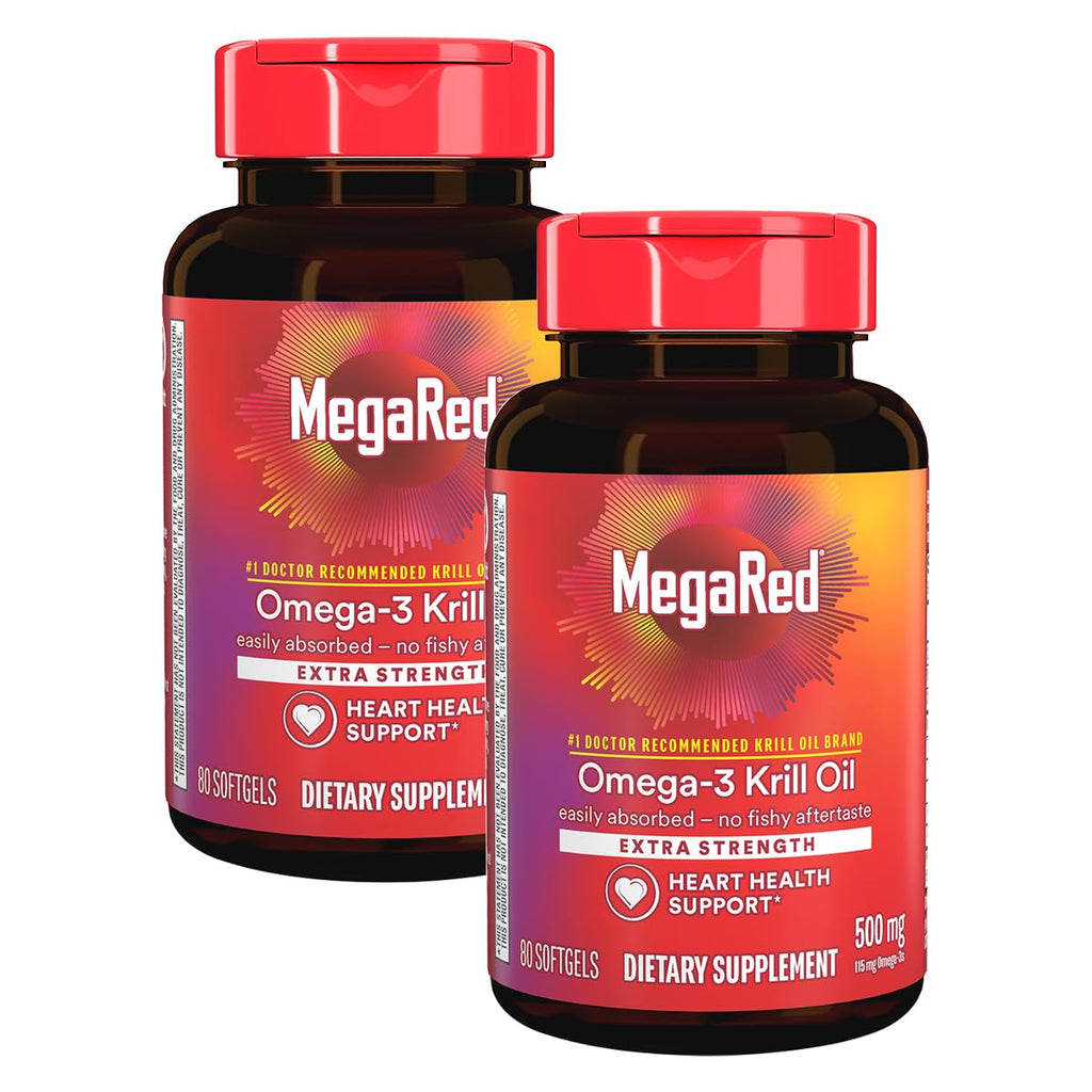 MegaRed Extra Strength Krill Oil 500mg - EPA/DHA, No Fishy Aftertaste | Heart Health, 80 Softgels (2 Pack)