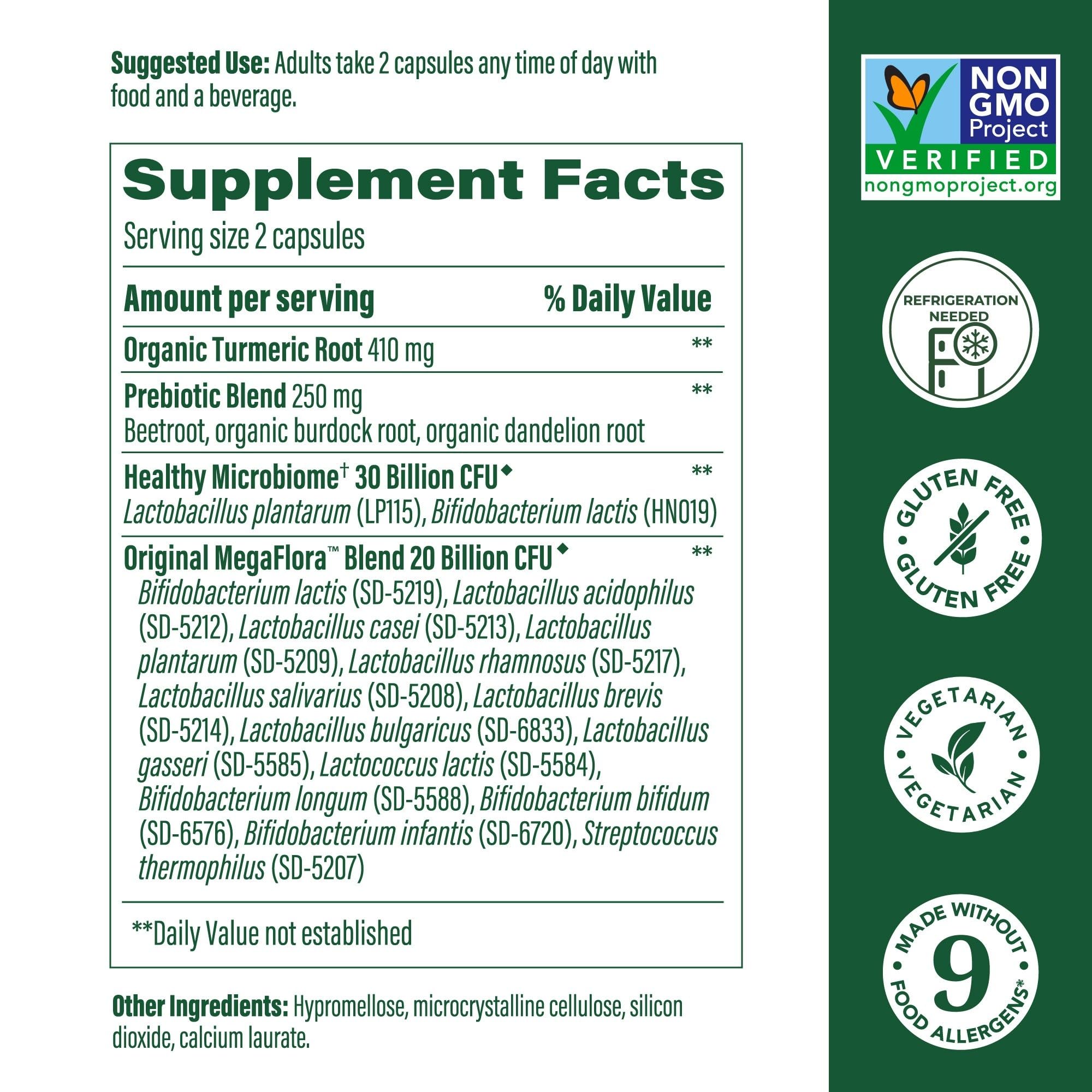 MegaFood MegaFlora Probiotics + Prebiotics Turmeric - 50B CFU, 14 Strains, 90 Capsules