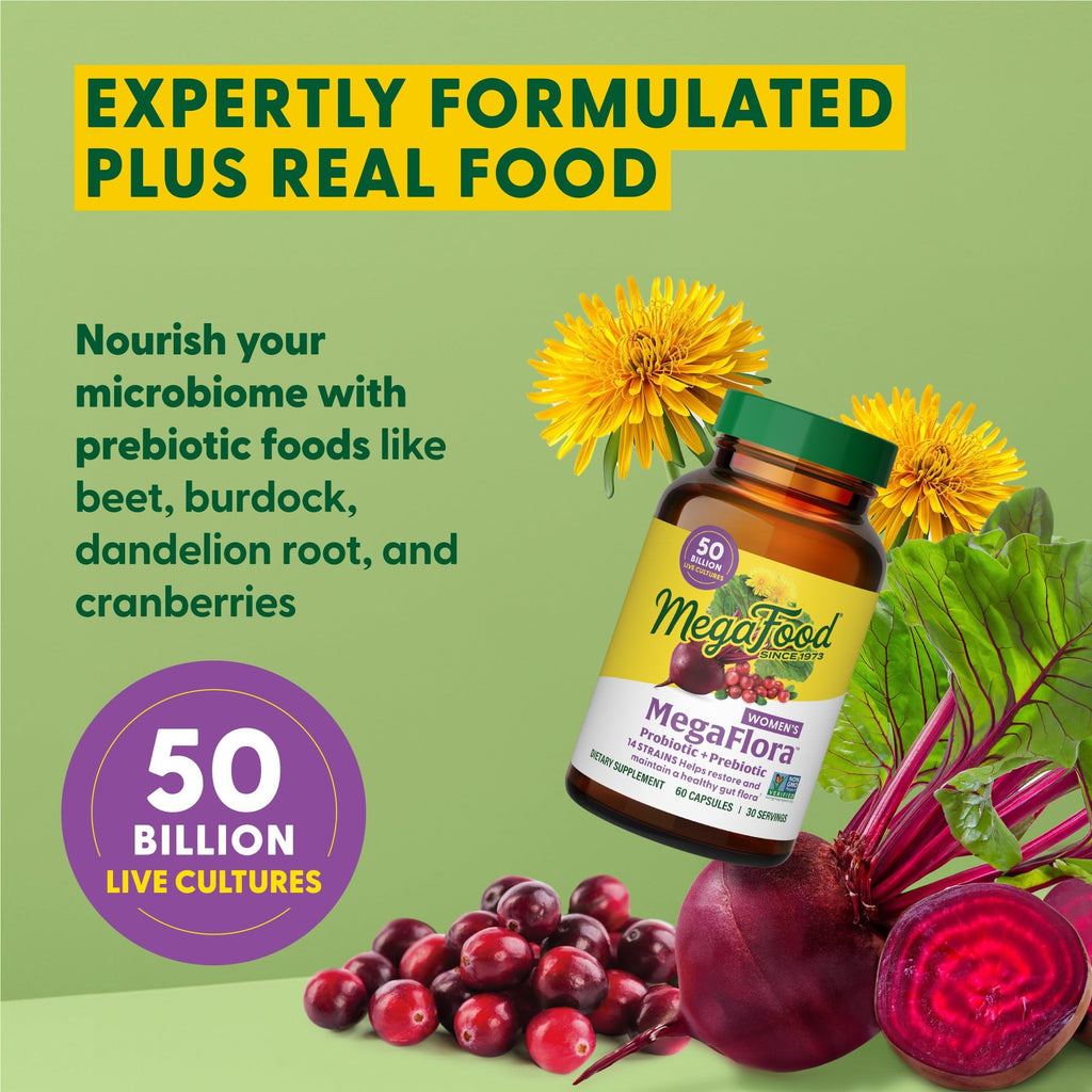 MegaFood MegaFlora Probiotics for Women – 50B CFU, 14 Strains, Cranberry, 60 Capsules