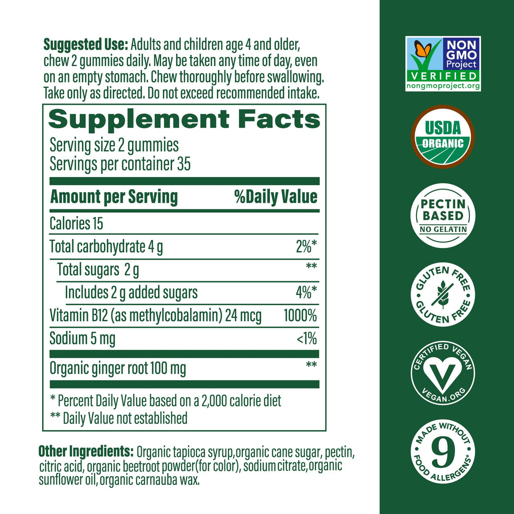 MegaFood Vitamin B12 Energy Gummies - Vegan Methyl B12, Ginger - USDA Organic - 70 Gummies
