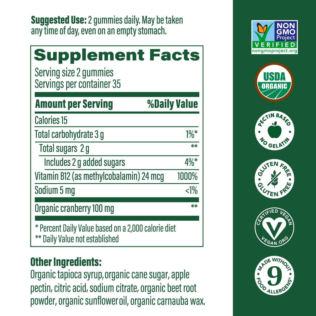 MegaFood B12 Energy Gummies – Vegan Methyl B12, Cranberry, USDA Organic