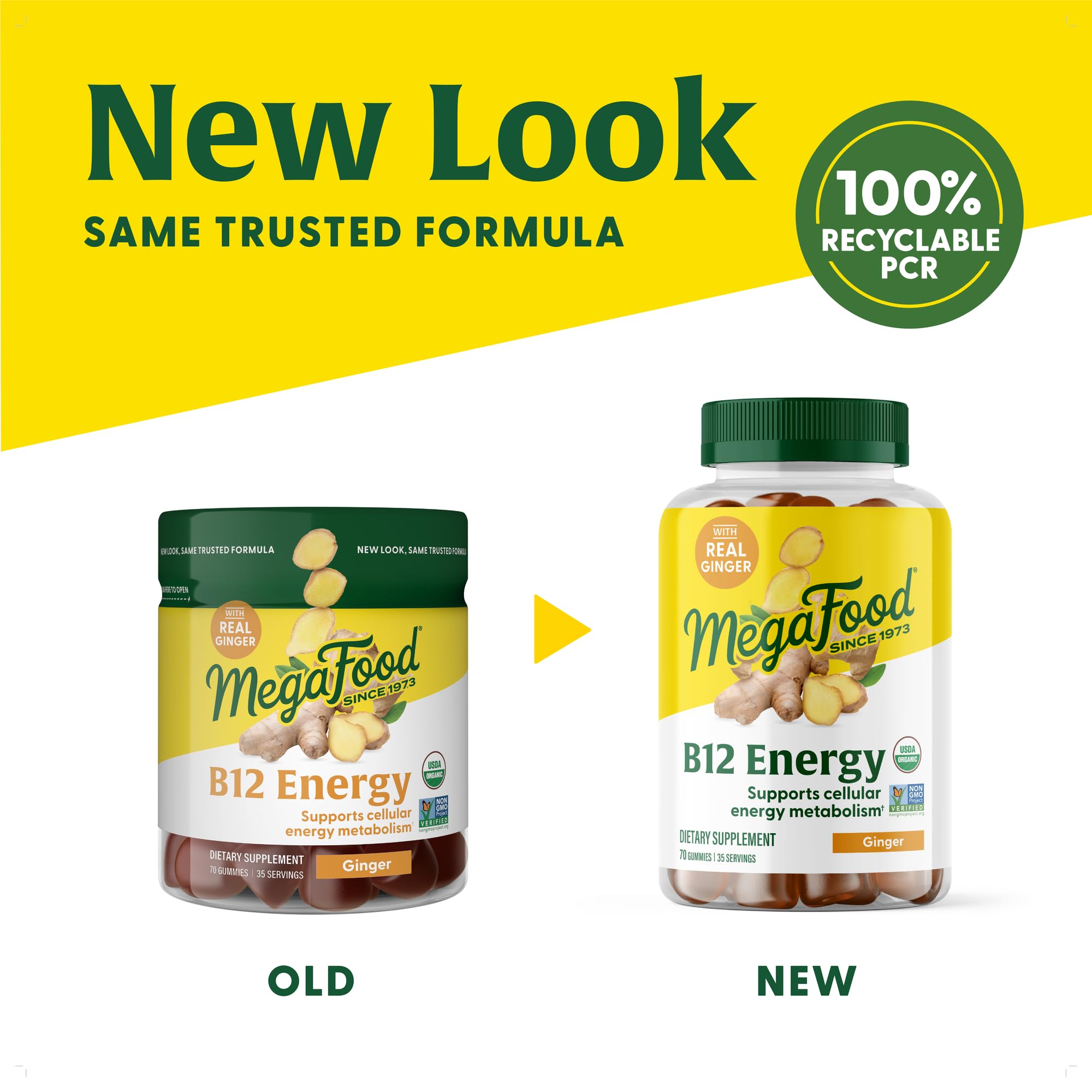 MegaFood Vitamin B12 Energy Gummies - Vegan Methyl B12, Ginger - USDA Organic - 70 Gummies