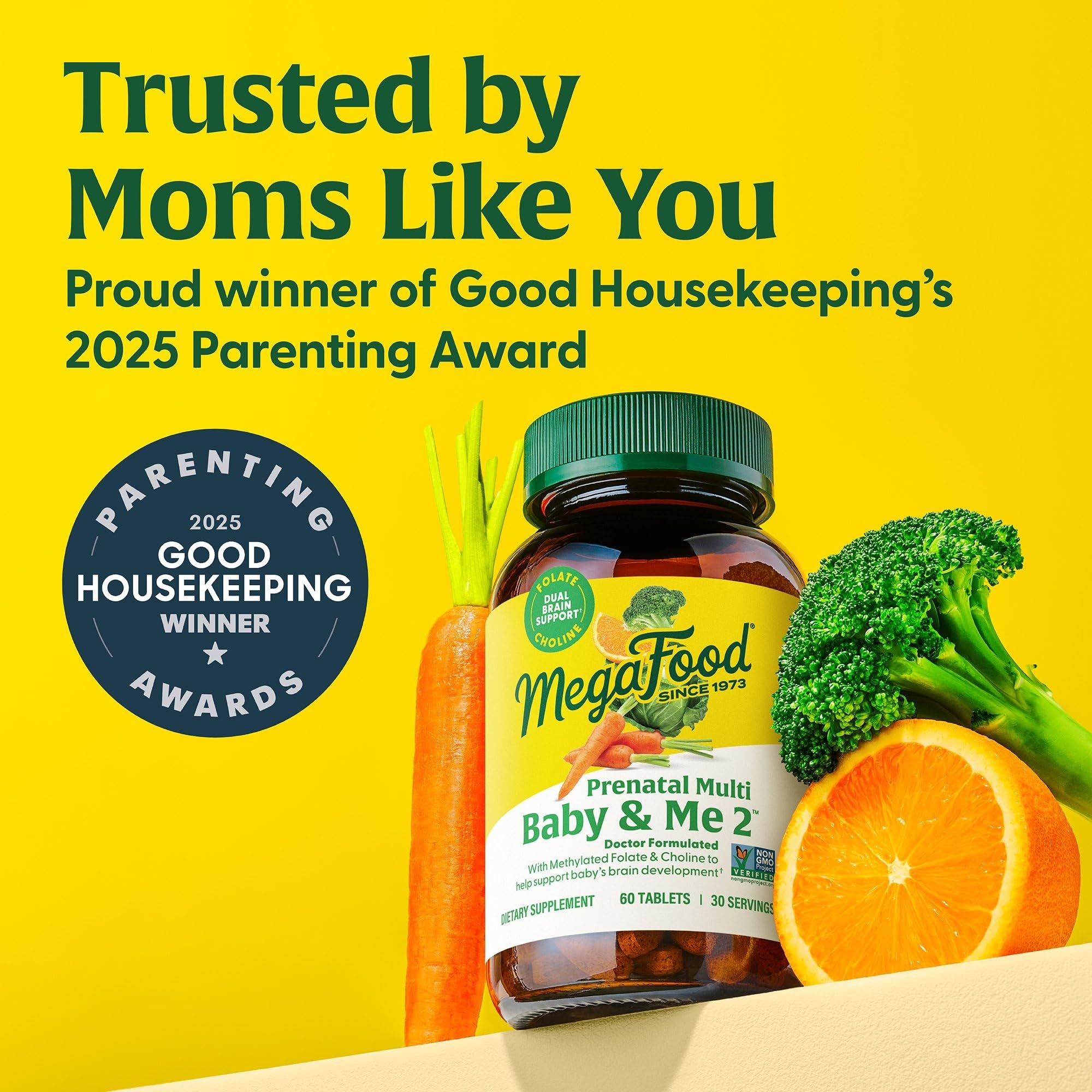 MegaFood Baby & Me 2 Prenatal Vitamin & Minerals – Folate, 2.5x Choline, Iron, Iodine, Vitamin C & D – 60 Tabs (30 Servings)