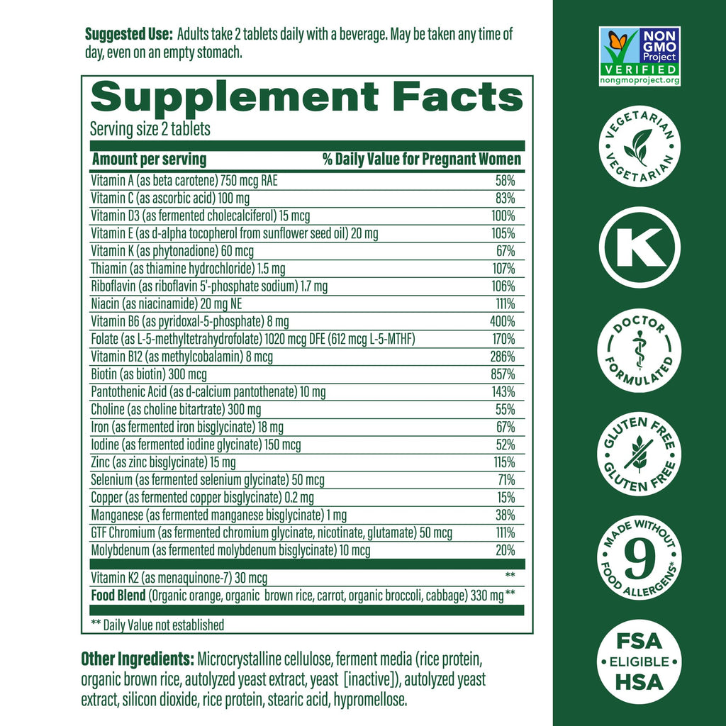 MegaFood Baby & Me 2 Prenatal Vitamin & Minerals – Folate, 2.5x Choline, Iron, Iodine, Vitamin C & D – 60 Tabs (30 Servings)