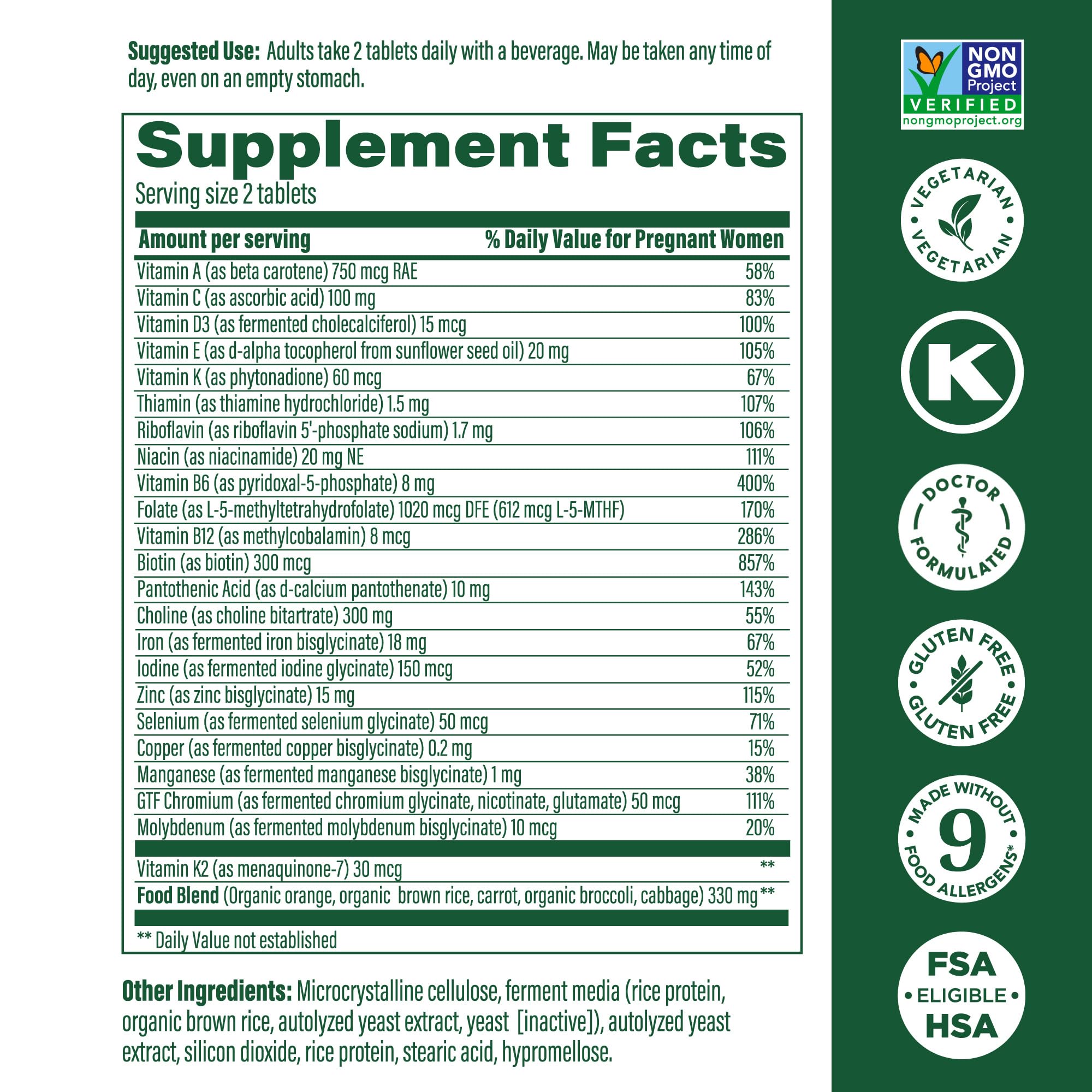 MegaFood Baby & Me 2 Prenatal Vitamin & Minerals – Folate, 2.5x Choline, Iron, Iodine, Vitamin C & D – 60 Tabs (30 Servings)