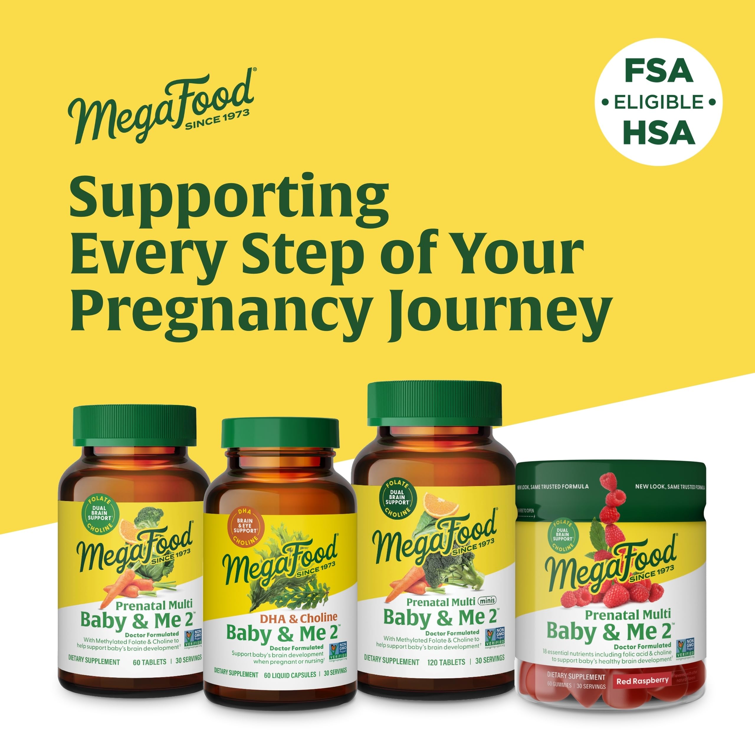 MegaFood Baby & Me 2 Prenatal Vitamin & Minerals – Folate, 2.5x Choline, Iron, Iodine, Vitamin C & D – 60 Tabs (30 Servings)
