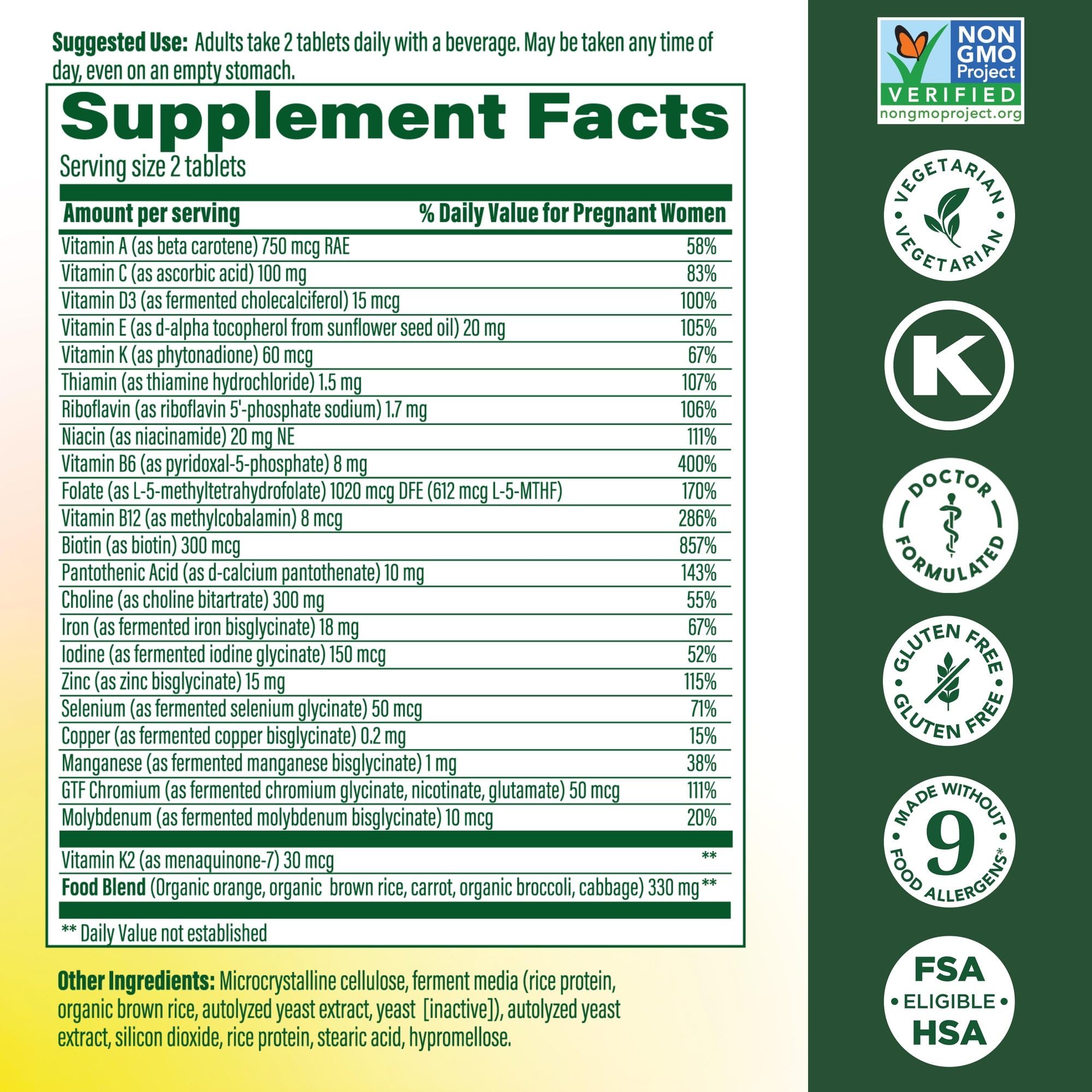 MegaFood Baby & Me 2 Prenatal Vitamins – Folate, Choline, Iron & Vitamin D | 120 Tabs (60 Servings)