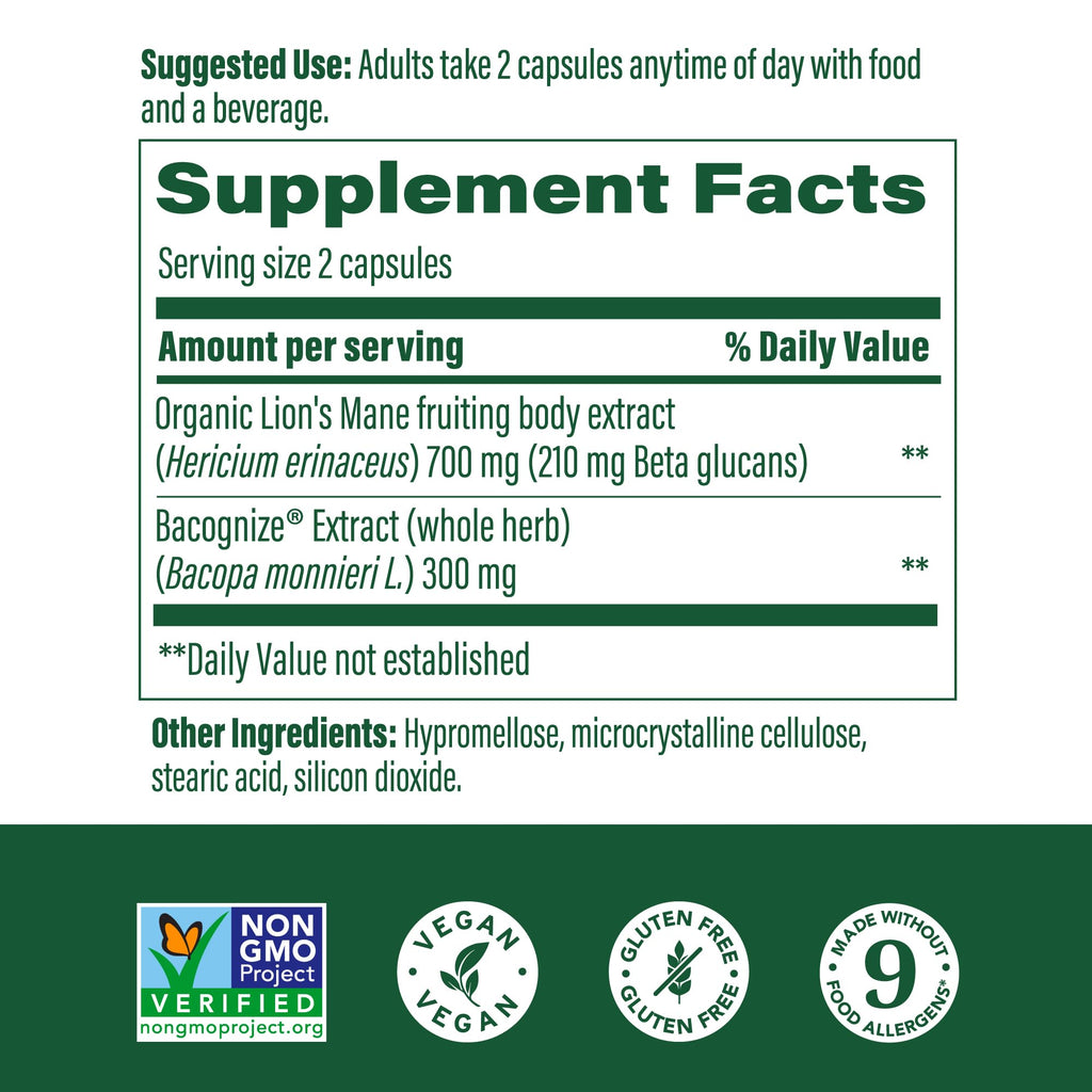 MegaFood Superfood Mushroom Focus Support – Doctor Formulated Lions Mane with Bacopa | Vegan, 60 Capsules