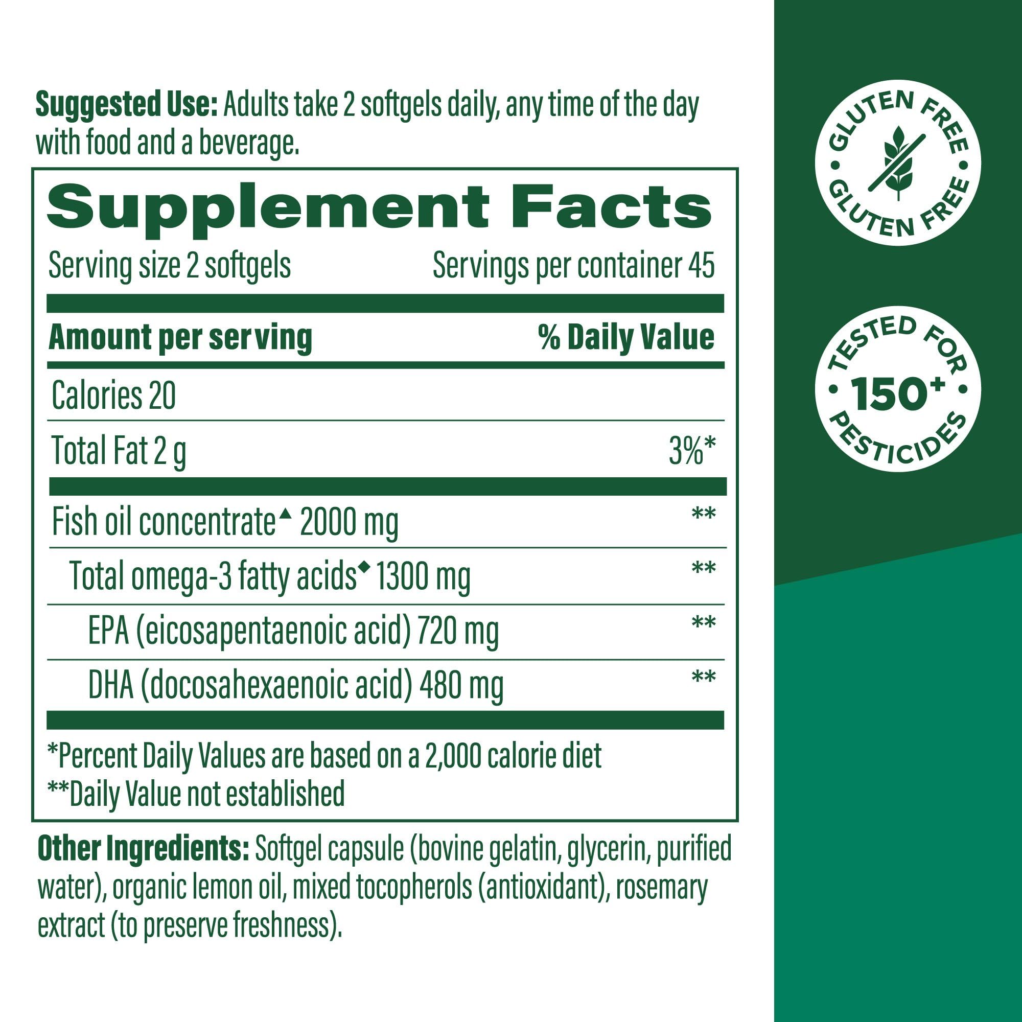 MegaFood 2000mg Fish Oil Omega-3 – Burp-Less & Lemon-Infused | 1200mg EPA & DHA per Serving | 90 Softgels, 45 Servings