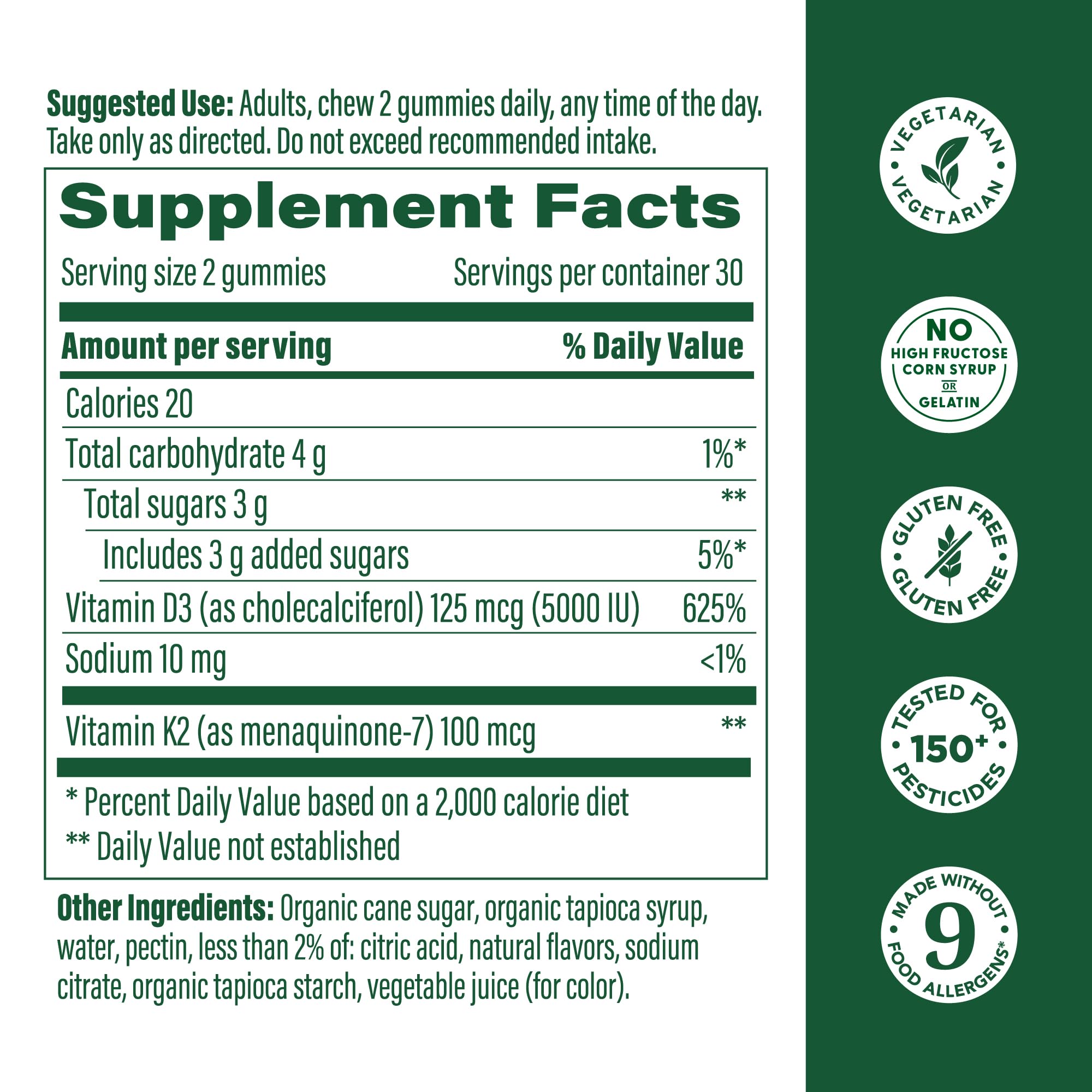 MegaFood Vitamin D3 K2 Gummies - 5000 IU D3, 100 mcg K2 | Peach Flavor, Vegetarian, 60 Gummies