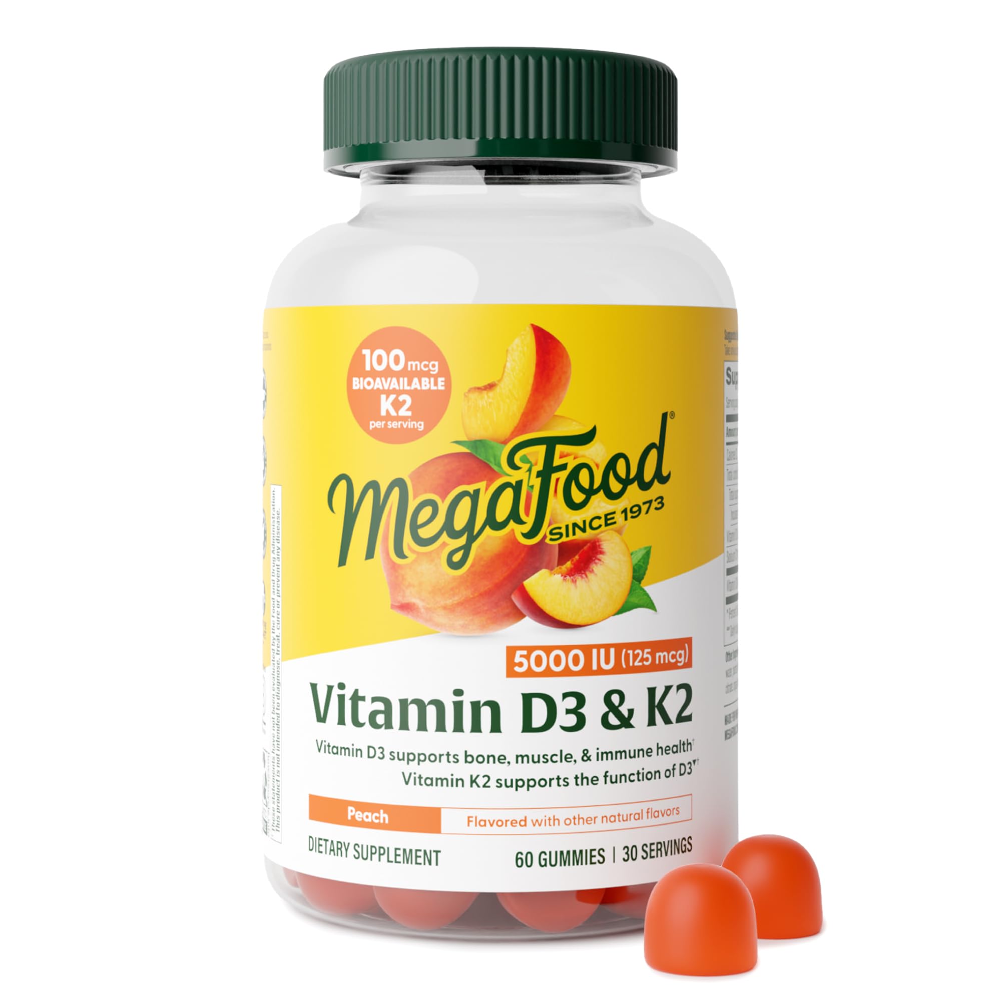MegaFood Vitamin D3 K2 Gummies - 5000 IU D3, 100 mcg K2 | Peach Flavor, Vegetarian, 60 Gummies
