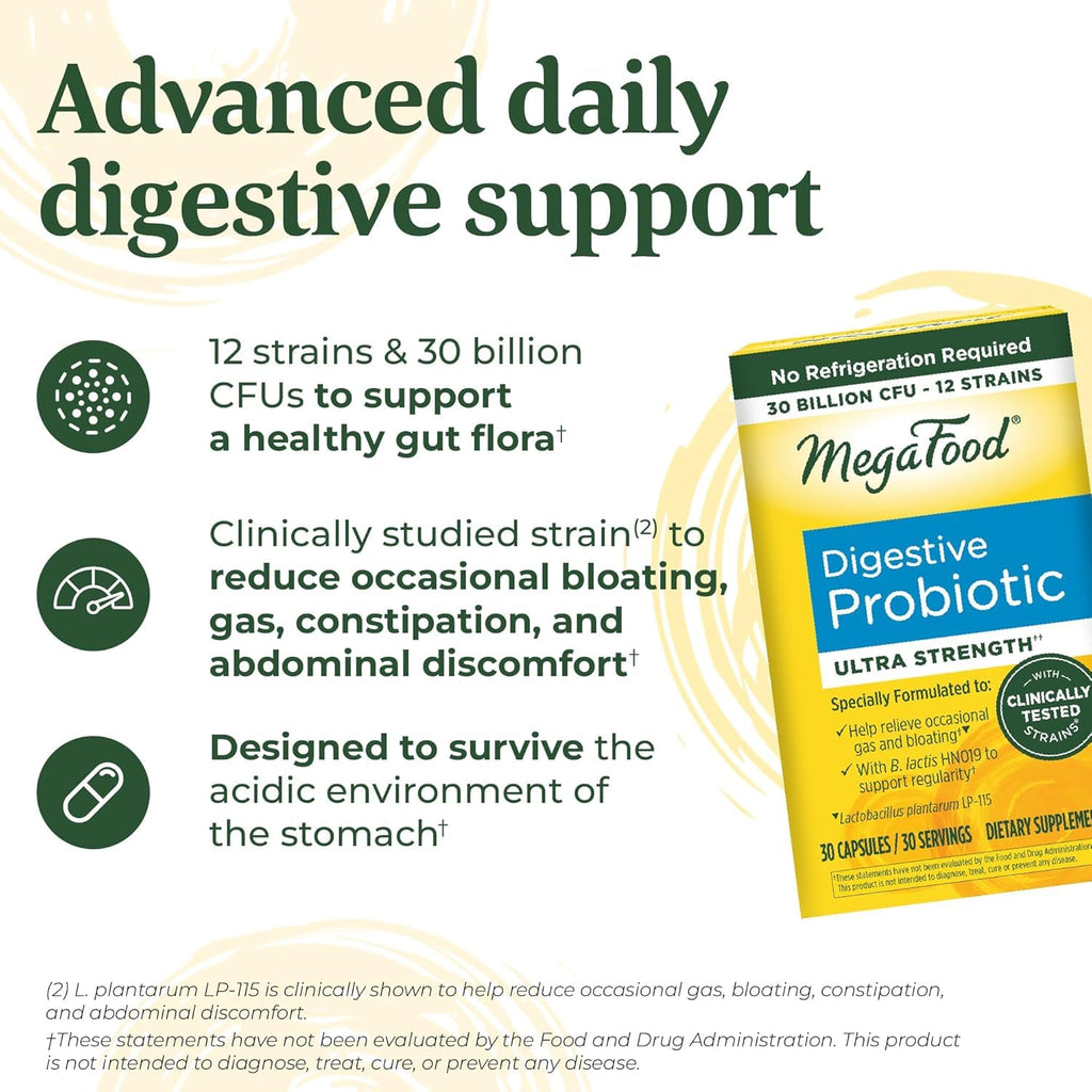 MegaFood Digestive Probiotic – 12 Strains, 30B CFU, 30 Vegetarian Capsules