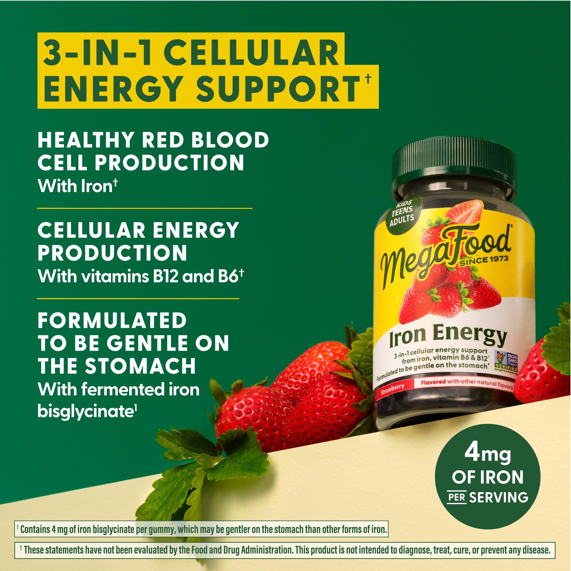 MegaFood Iron Energy Gummies – Iron + B12 & B6, Strawberry, 60 Count