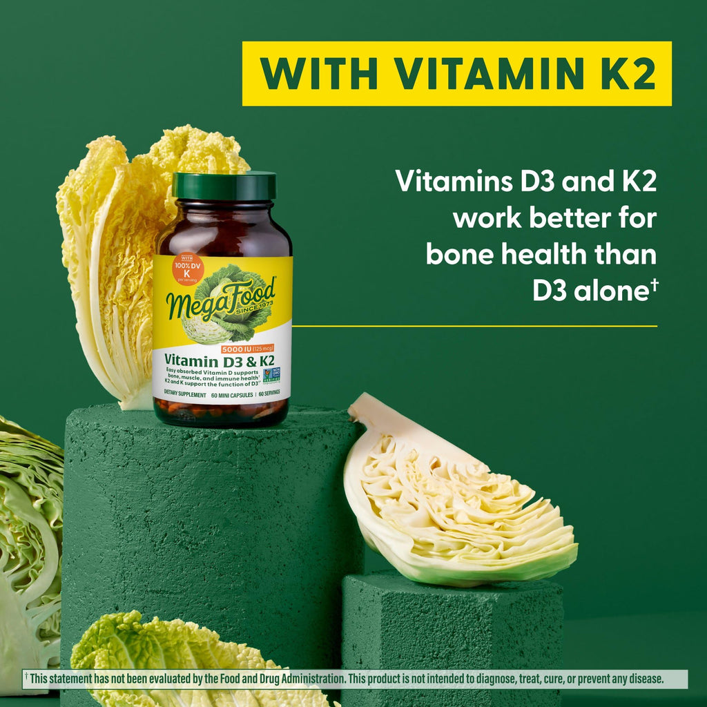 MegaFood Vitamin D3 5000 IU with K2 – Vegetarian D3/K2 for Bones, Teeth & Immune Support | 120 Mini Capsules