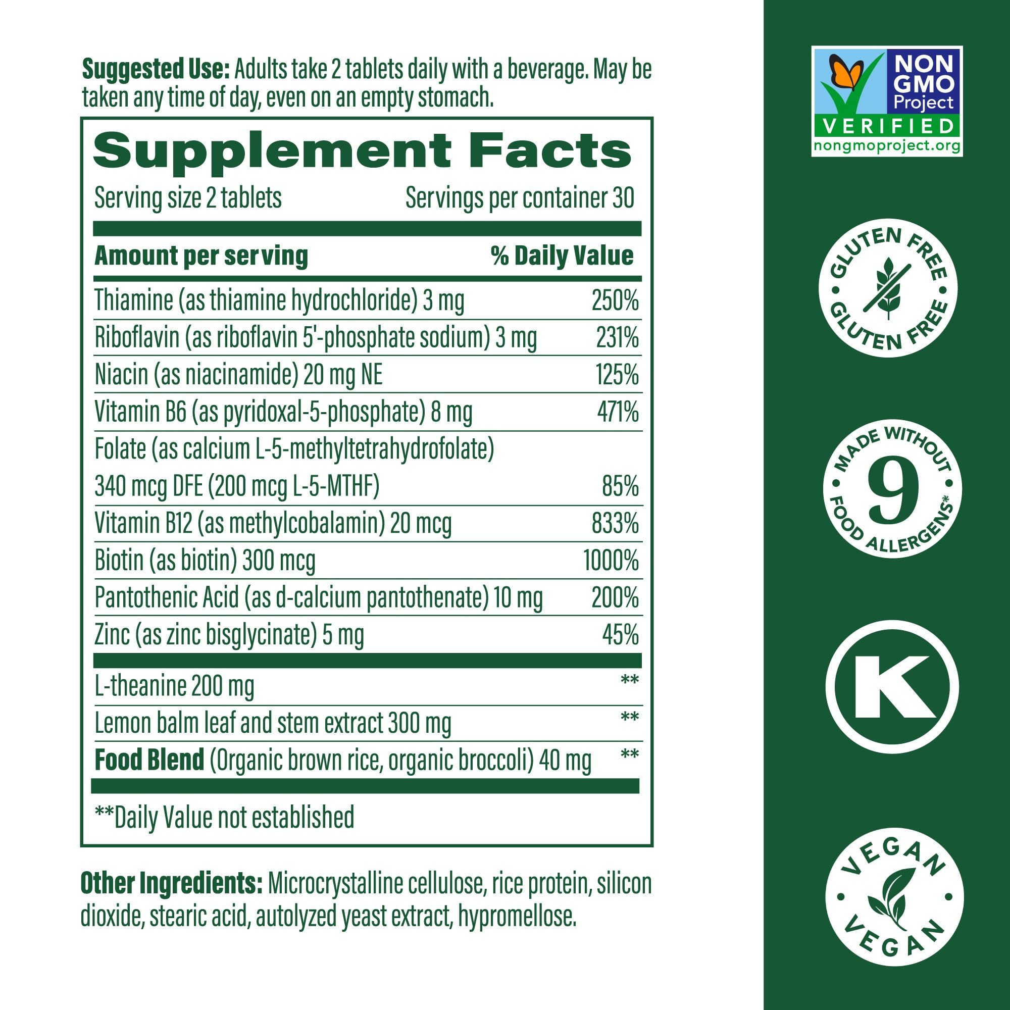 MegaFood L-Theanine & Vitamin B Complex – 200 mg, 60 Tablets