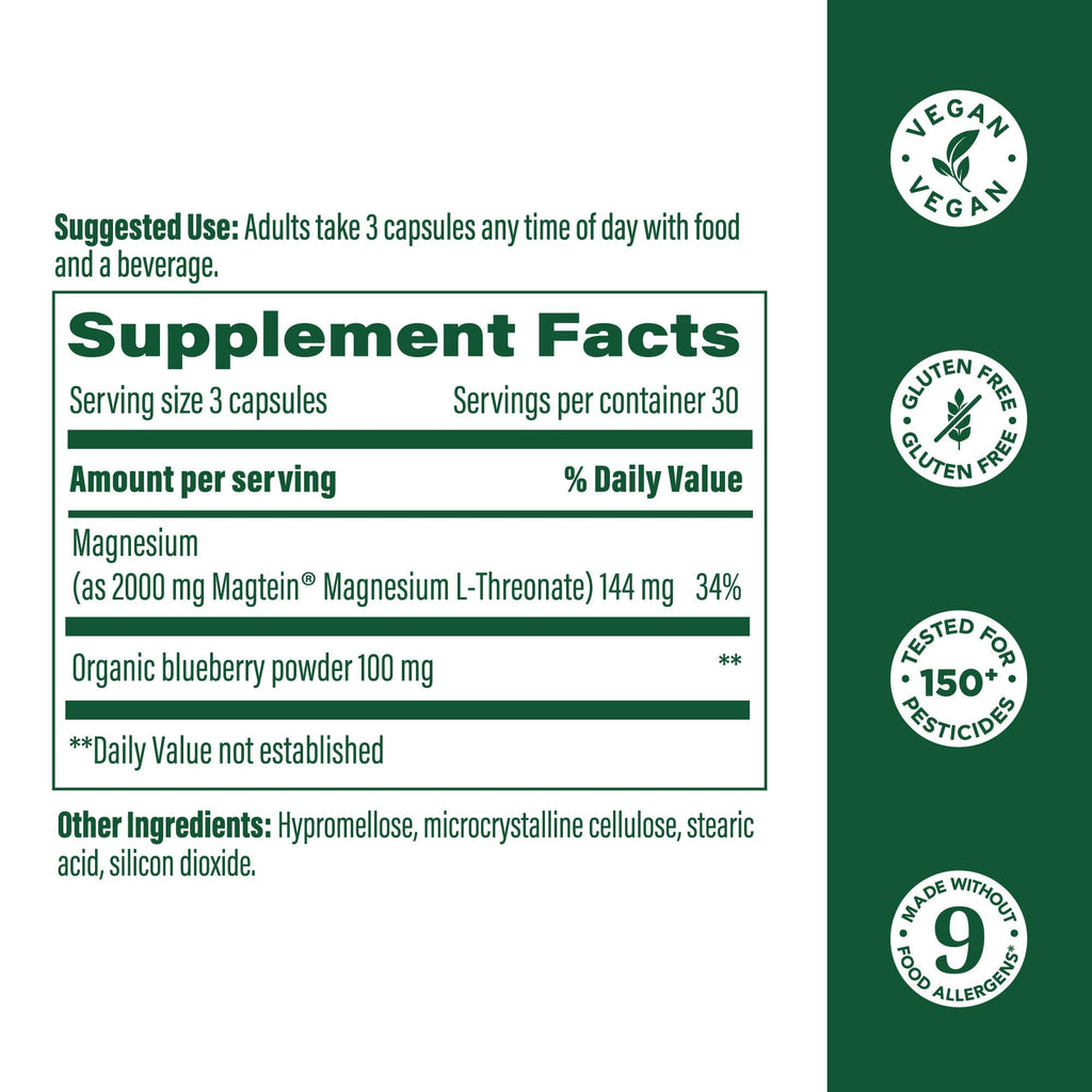 MegaFood Magtein Magnesium Threonate – 2000 mg per Serving | Supports Memory, Focus, Alertness & Sleep – Vegan & Gluten Free | 90 Capsules / 30 Servings