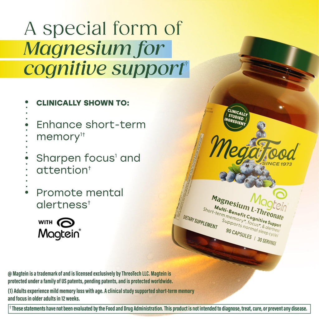 MegaFood Magtein Magnesium Threonate – 2000 mg per Serving | Supports Memory, Focus, Alertness & Sleep – Vegan & Gluten Free | 90 Capsules / 30 Servings