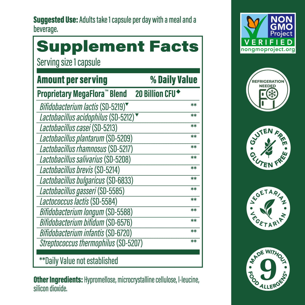MegaFood MegaFlora Probiotic - 20B CFU, 14 Strains for Digestive Health & Immune Support - Vegetarian & Non-GMO - 60 Mini Capsules
