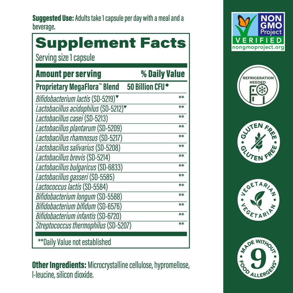 MegaFood MegaFlora Probiotic Plus — 50 Billion CFUs, 14 Strains, Vegetarian, 60 Capsules