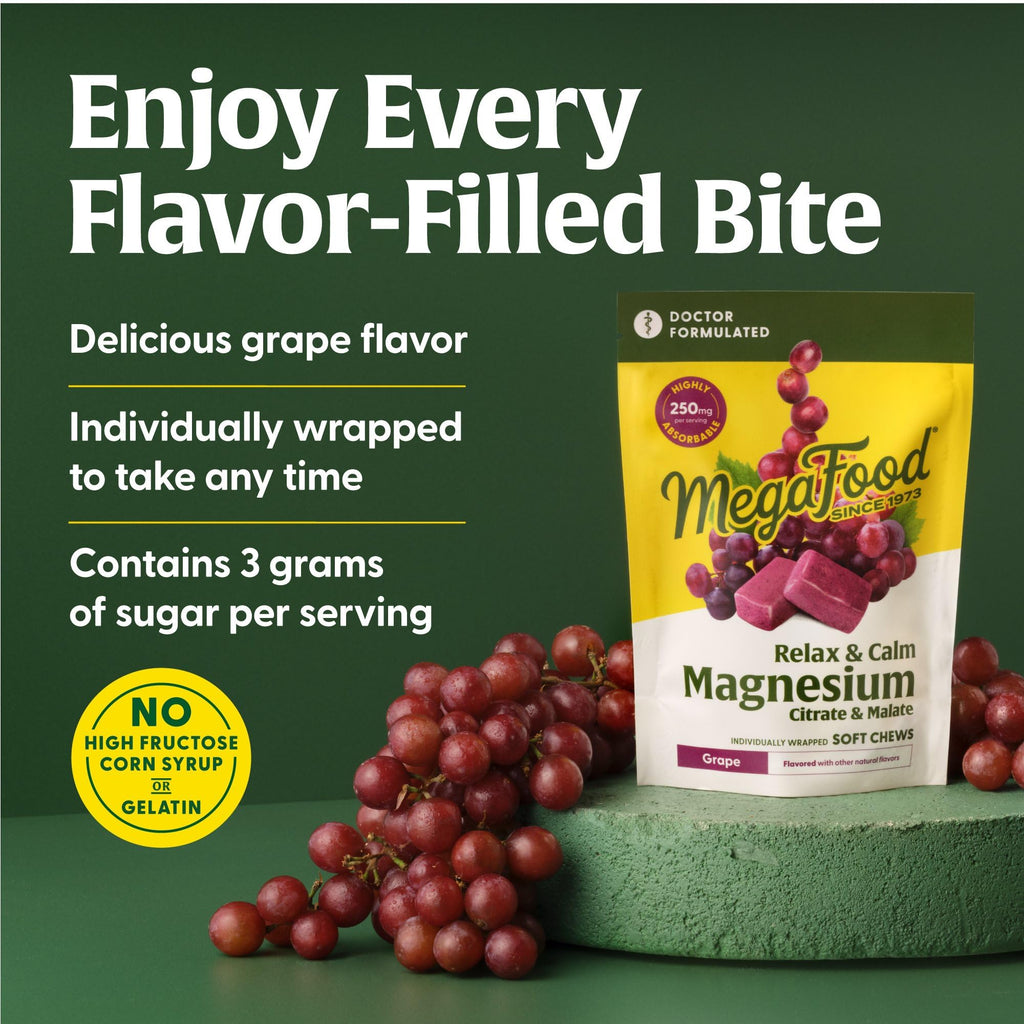 MegaFood Relax + Calm Magnesium Soft Chews - Grape | 60 Chews (30 Servings) | Magnesium Citrate & Malate