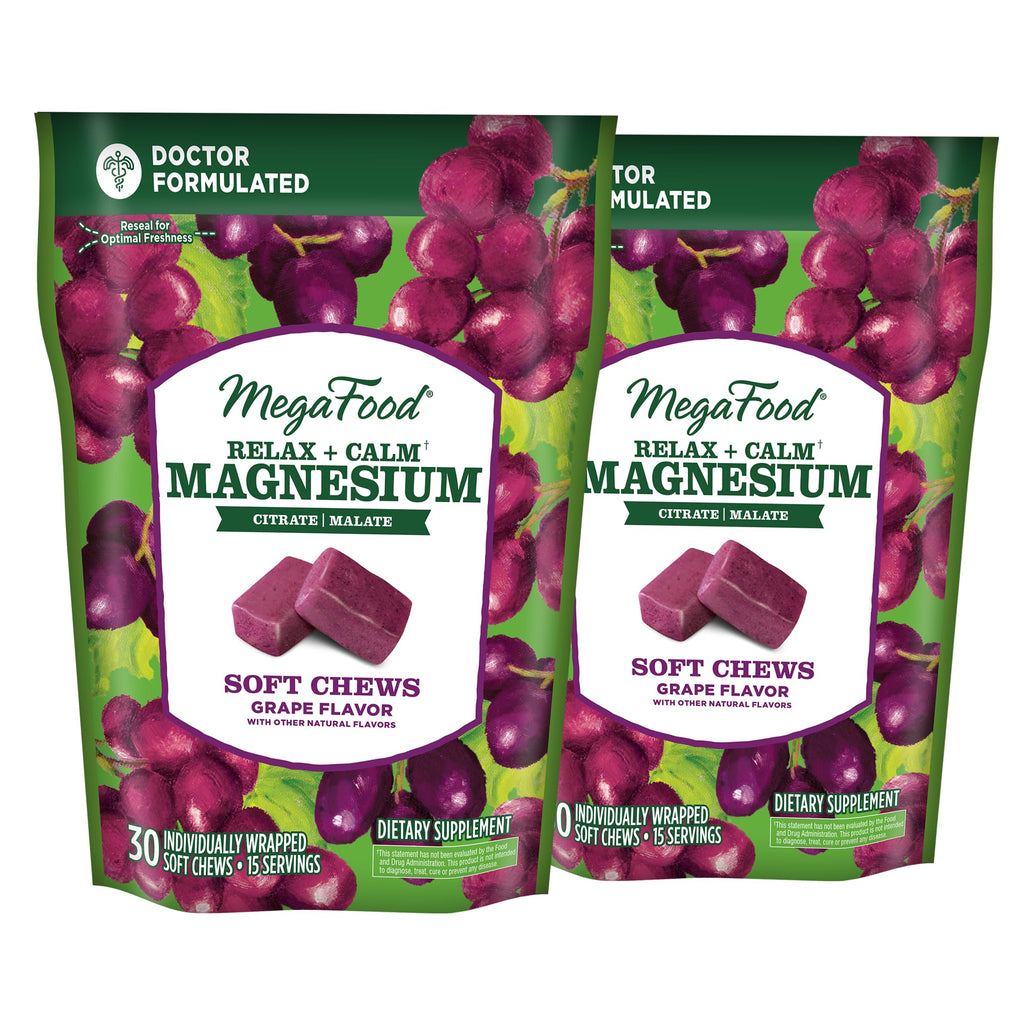 MegaFood Relax + Calm Magnesium Soft Chews – Grape Flavor, 60 Chews (Pack of 2) | Vegetarian, 9 Allergen-Free