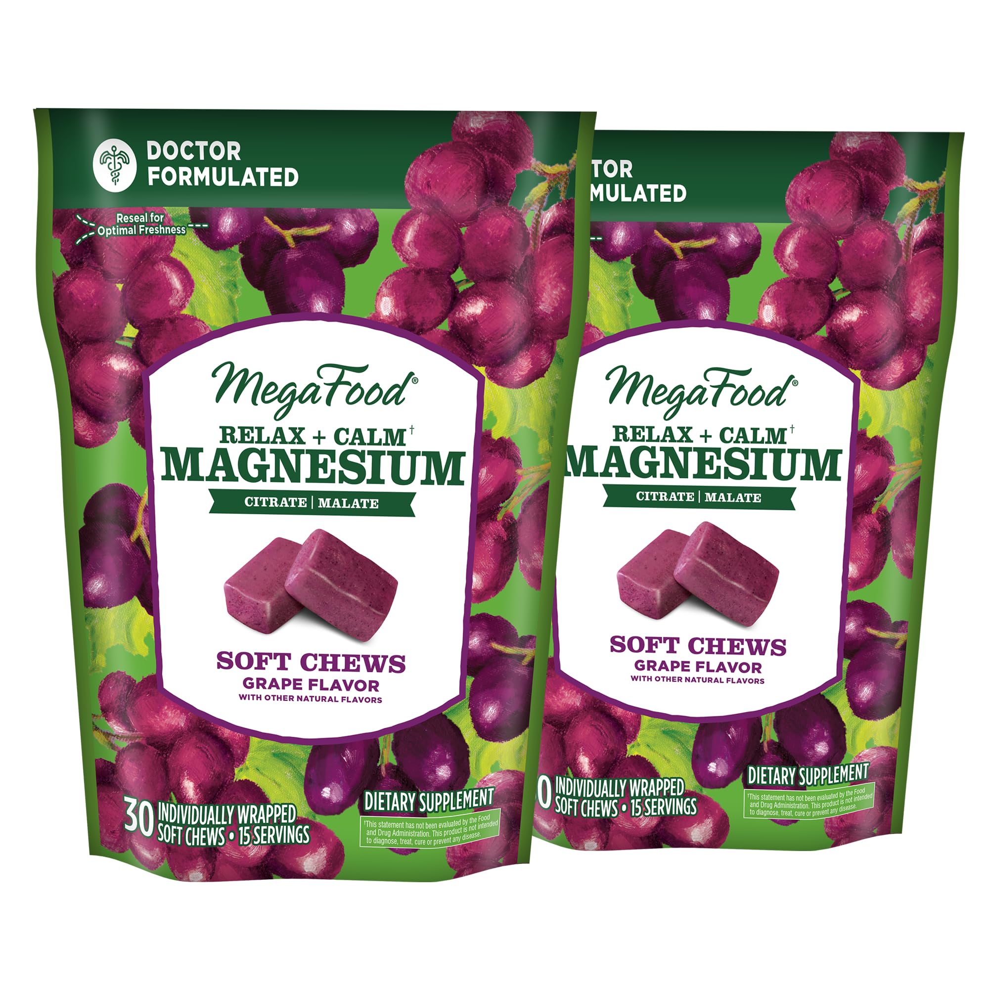 MegaFood Relax + Calm Magnesium Soft Chews – Grape Flavor, 60 Chews (Pack of 2) | Vegetarian, 9 Allergen-Free