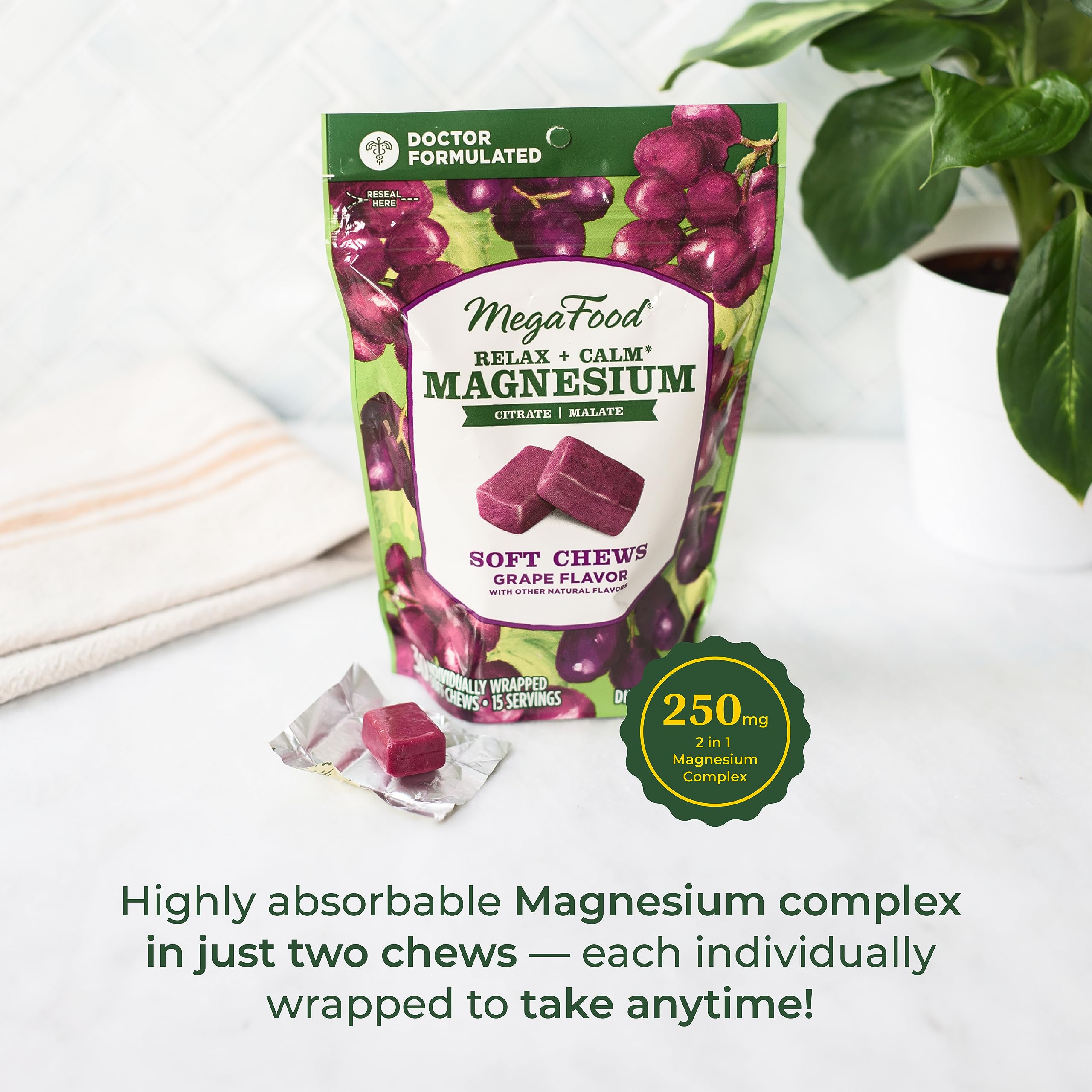 MegaFood Relax + Calm Magnesium Soft Chews – Grape Flavor, 60 Chews (Pack of 2) | Vegetarian, 9 Allergen-Free