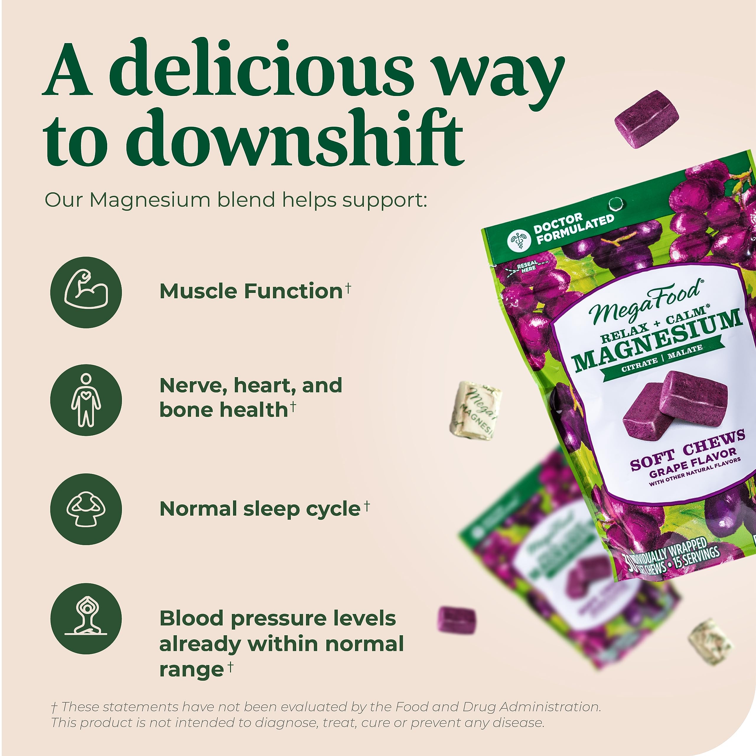 MegaFood Relax + Calm Magnesium Soft Chews – Grape Flavor, 60 Chews (Pack of 2) | Vegetarian, 9 Allergen-Free