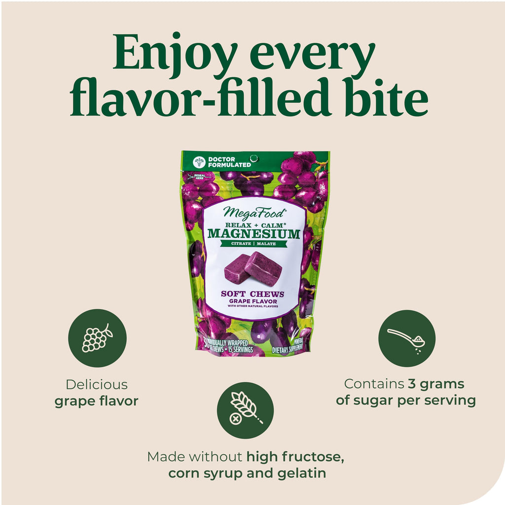 MegaFood Relax + Calm Magnesium Soft Chews – Grape Flavor, 60 Chews (Pack of 2) | Vegetarian, 9 Allergen-Free