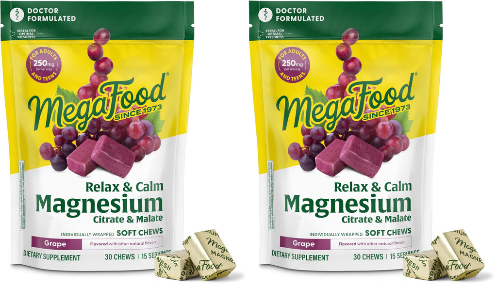 MegaFood Relax + Calm Magnesium Soft Chews – Grape Flavor (Pack of 2)
