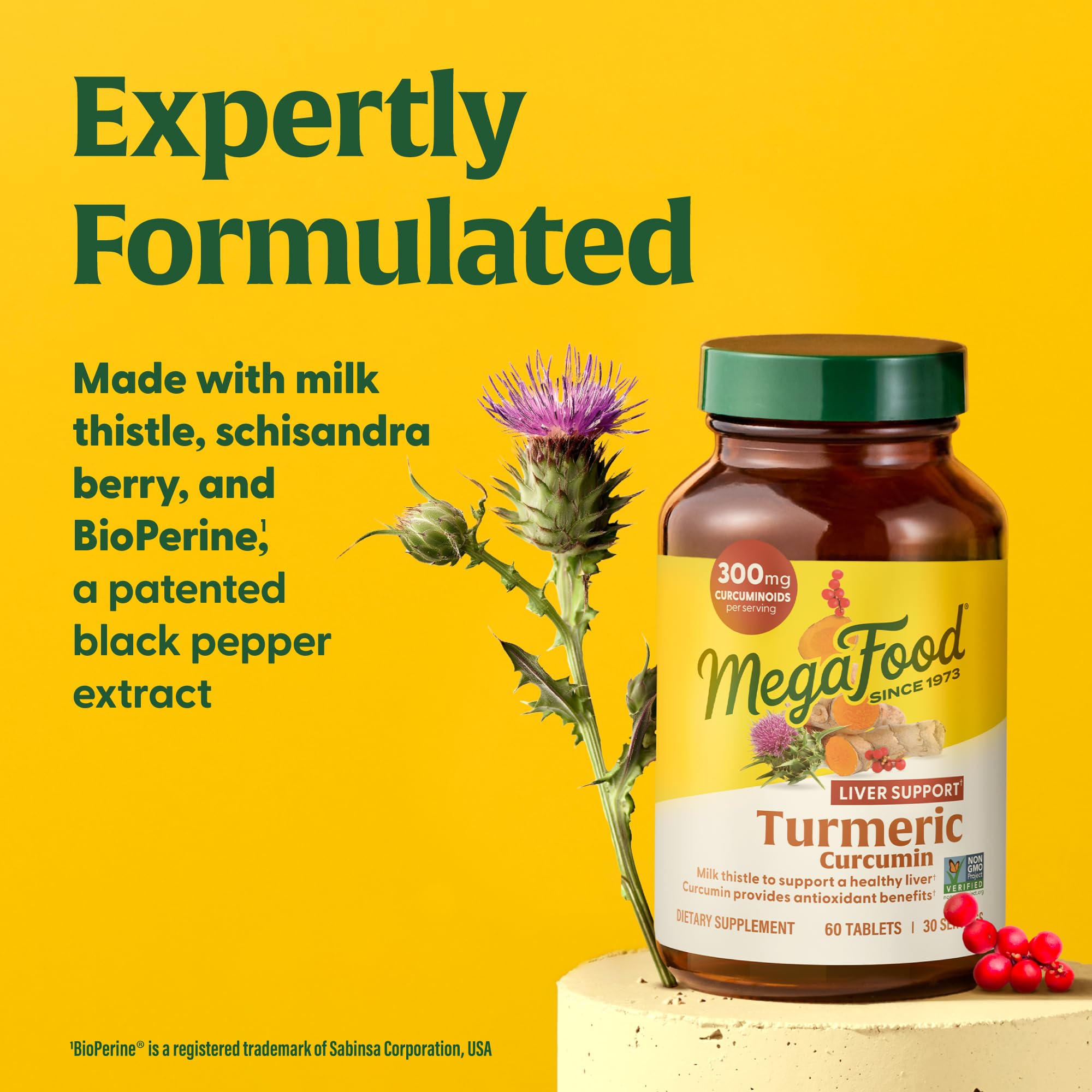 MegaFood Turmeric Curcumin Supplement for Liver Support - 300 mg Curcuminoids per Serving - Vegan, Gluten Free, Non-GMO - 60 Tablets